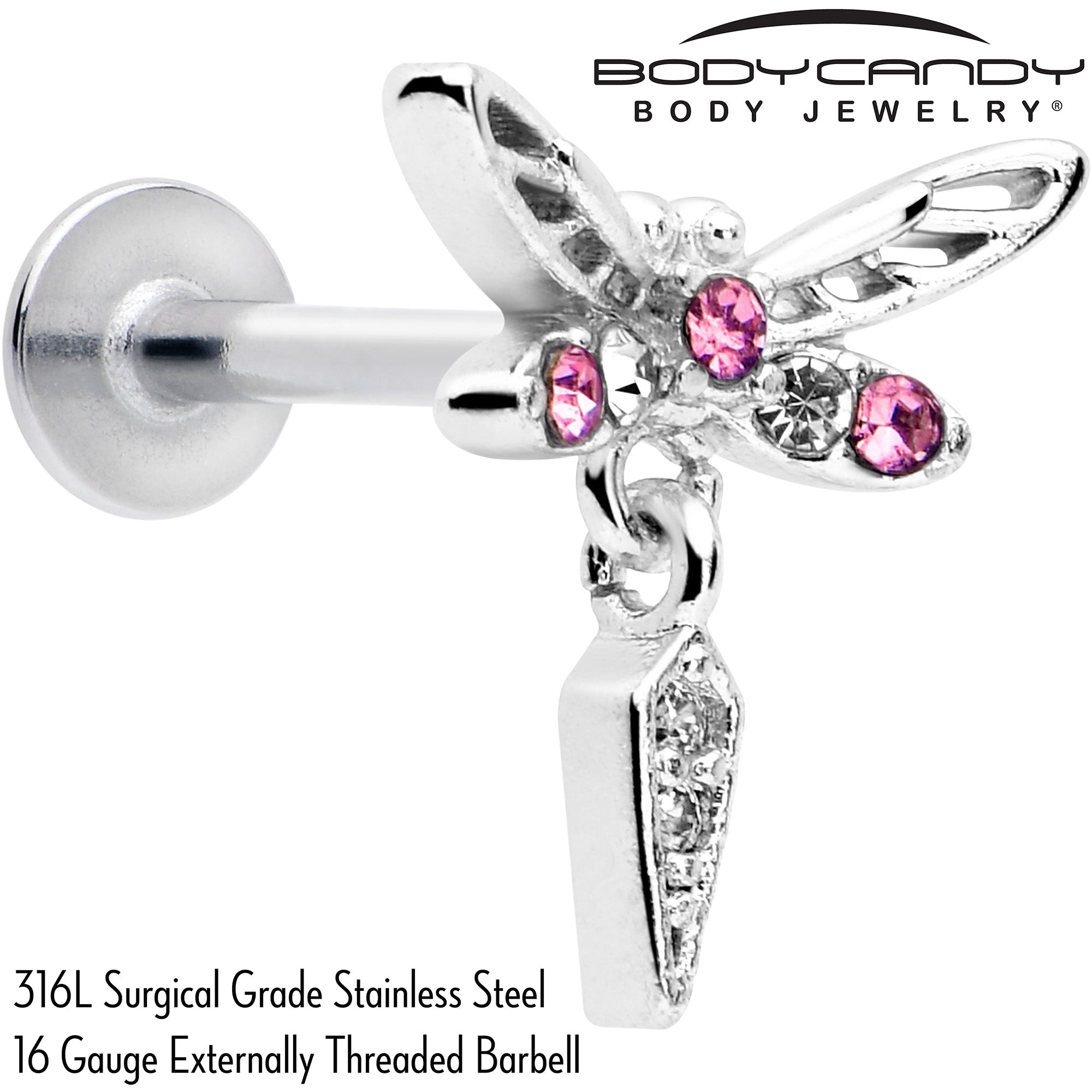 Swank dragonfly design labret with pink gemstone for Monroe tragus