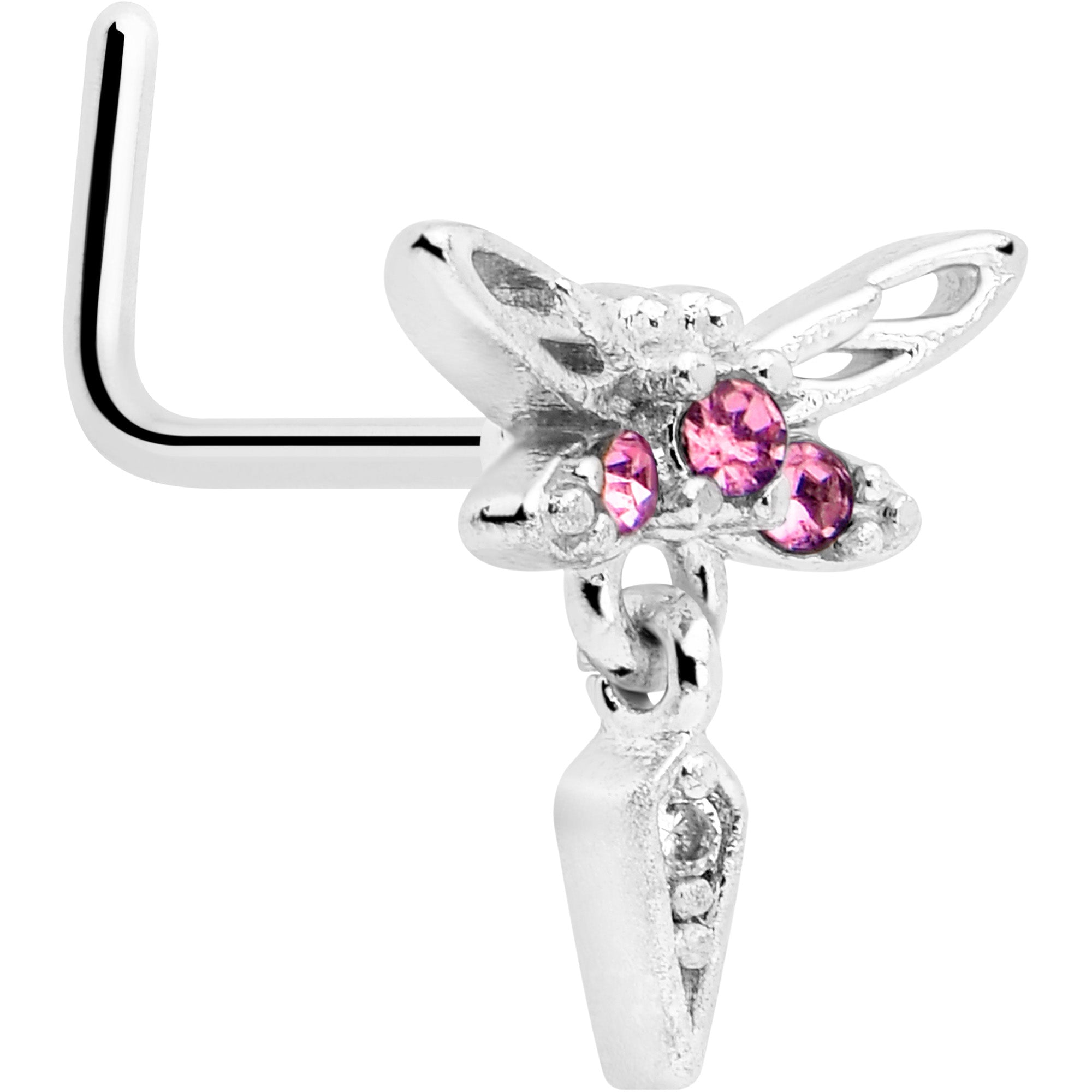 20 Gauge L Shape Nose Ring with 7mm Pink Gem Dragonfly Design