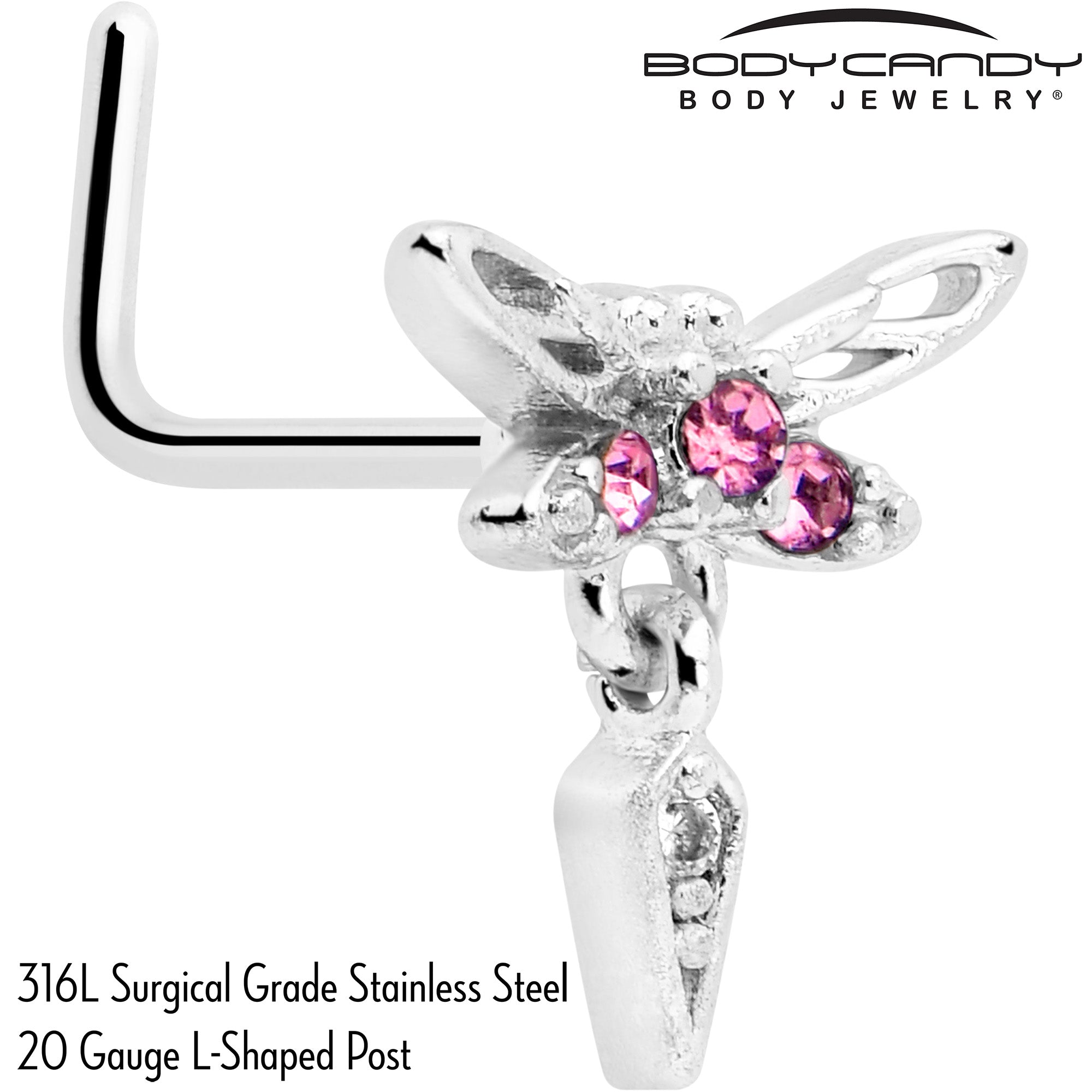 Pink Gem Dragonfly Dangle Nose Ring in 20 Gauge L Shape