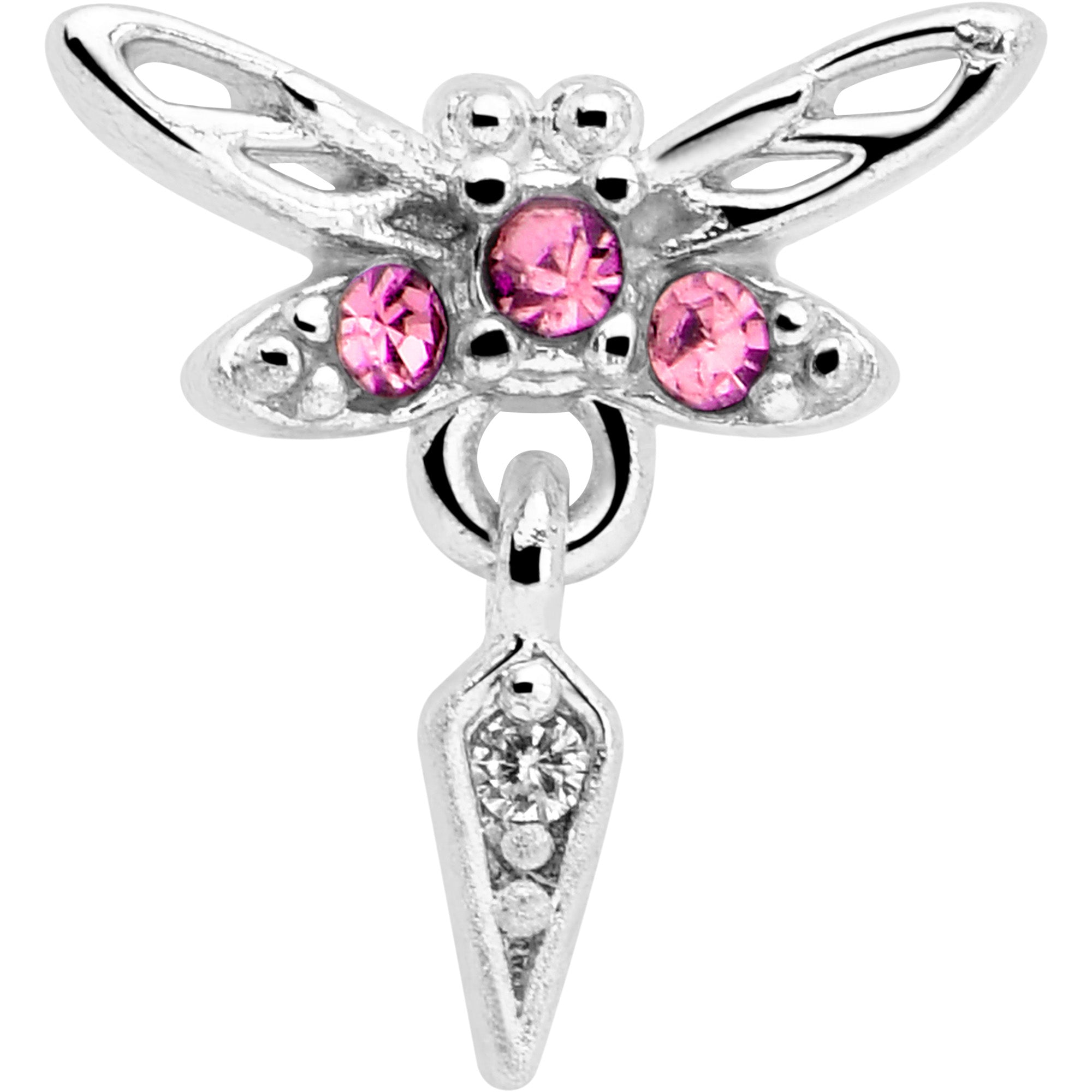 L Shape Nose Ring Featuring a 7mm Pink Gem Dragonfly