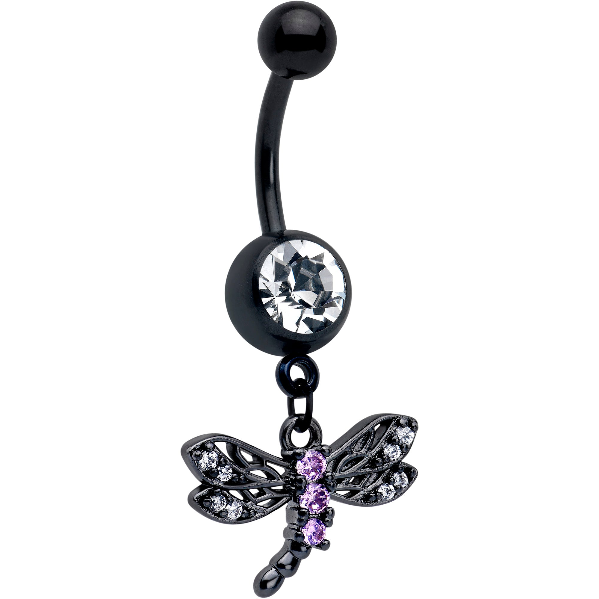 Purple CZ gemstone dragonfly belly ring with black night accents