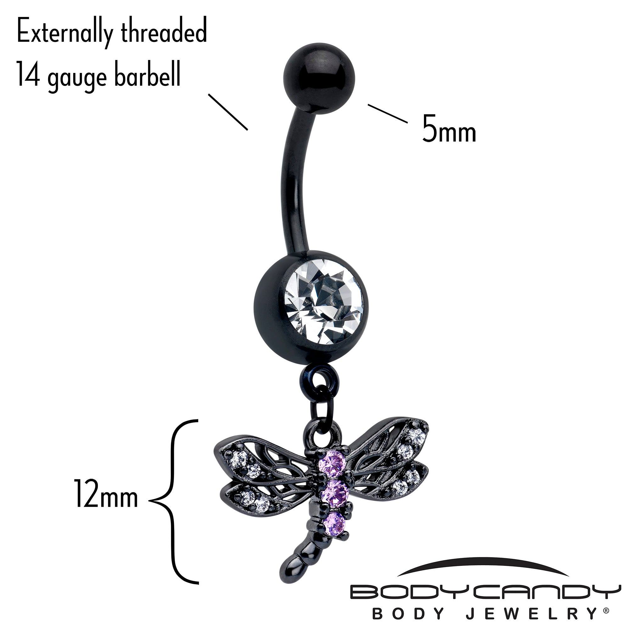 Black dragonfly dangle belly ring featuring purple cubic zirconia gem