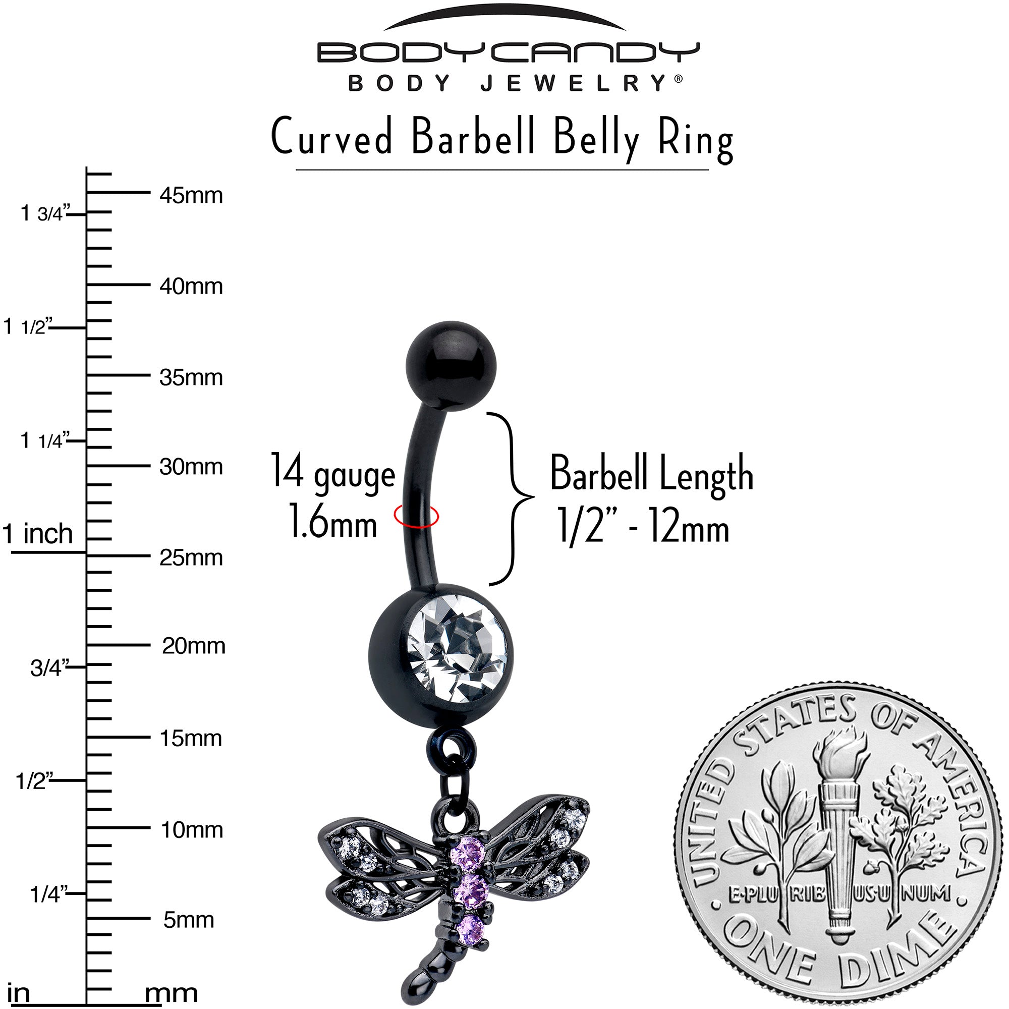 Elegant dragonfly belly ring with purple CZ gem and black design