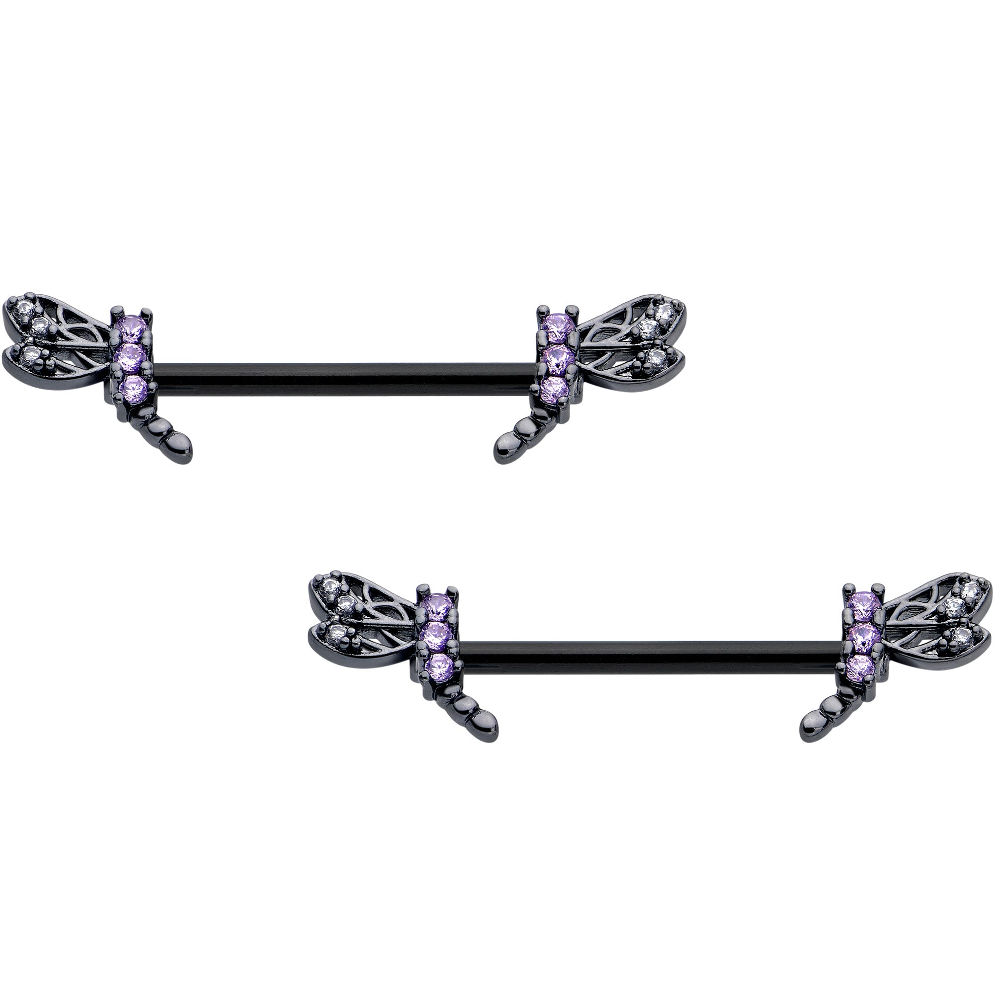 14 gauge nipple rings with purple CZ gems in dragonfly design