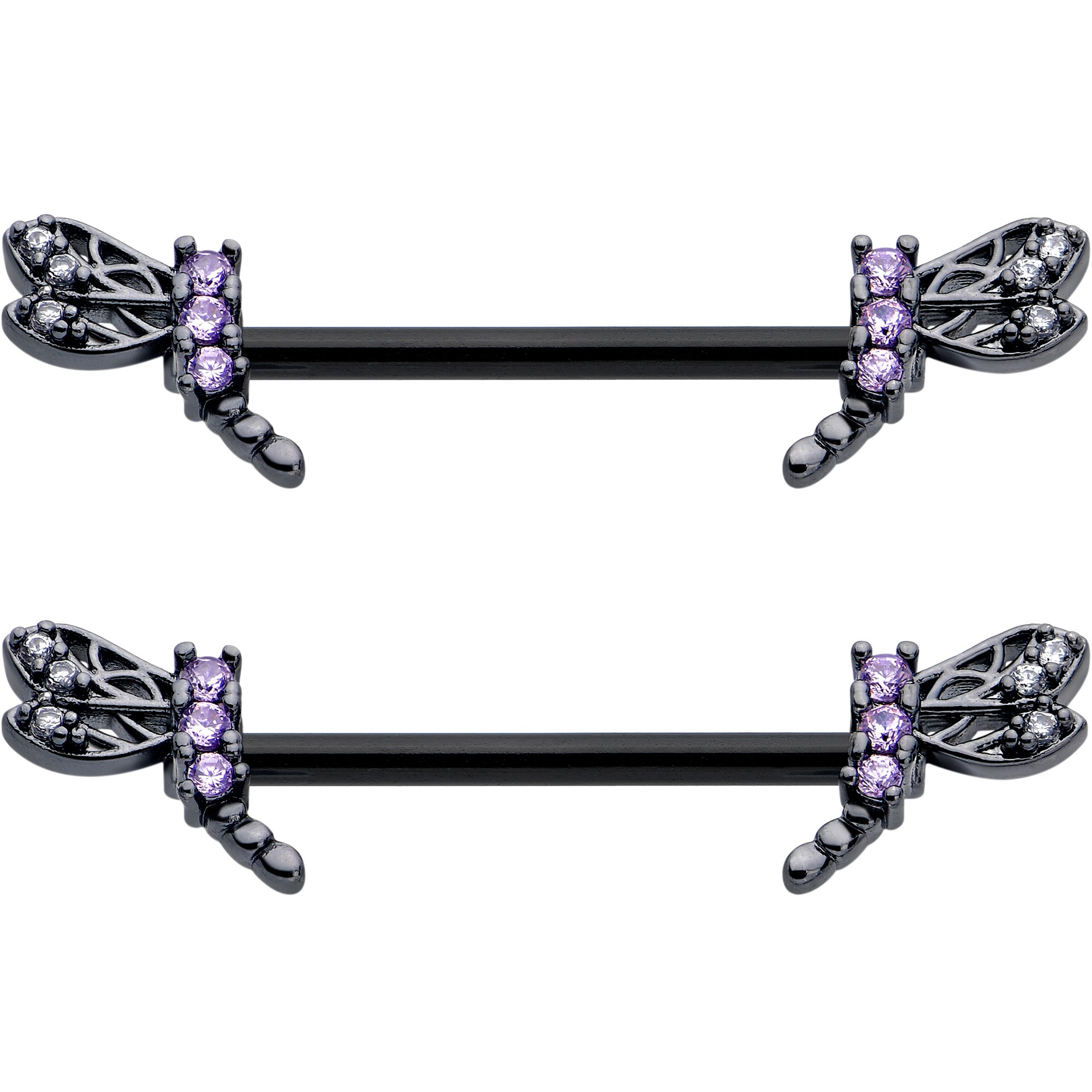 Unique 14G dragonfly nipple rings featuring purple CZ gems