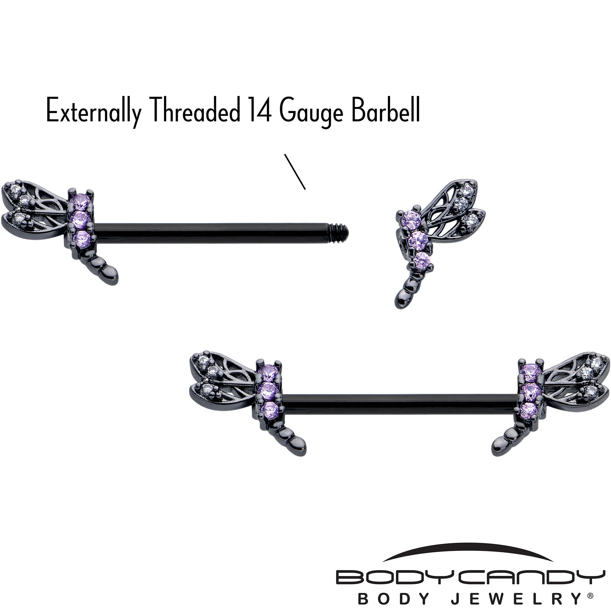 Set of black barbell nipple rings with dragonfly and purple crystals