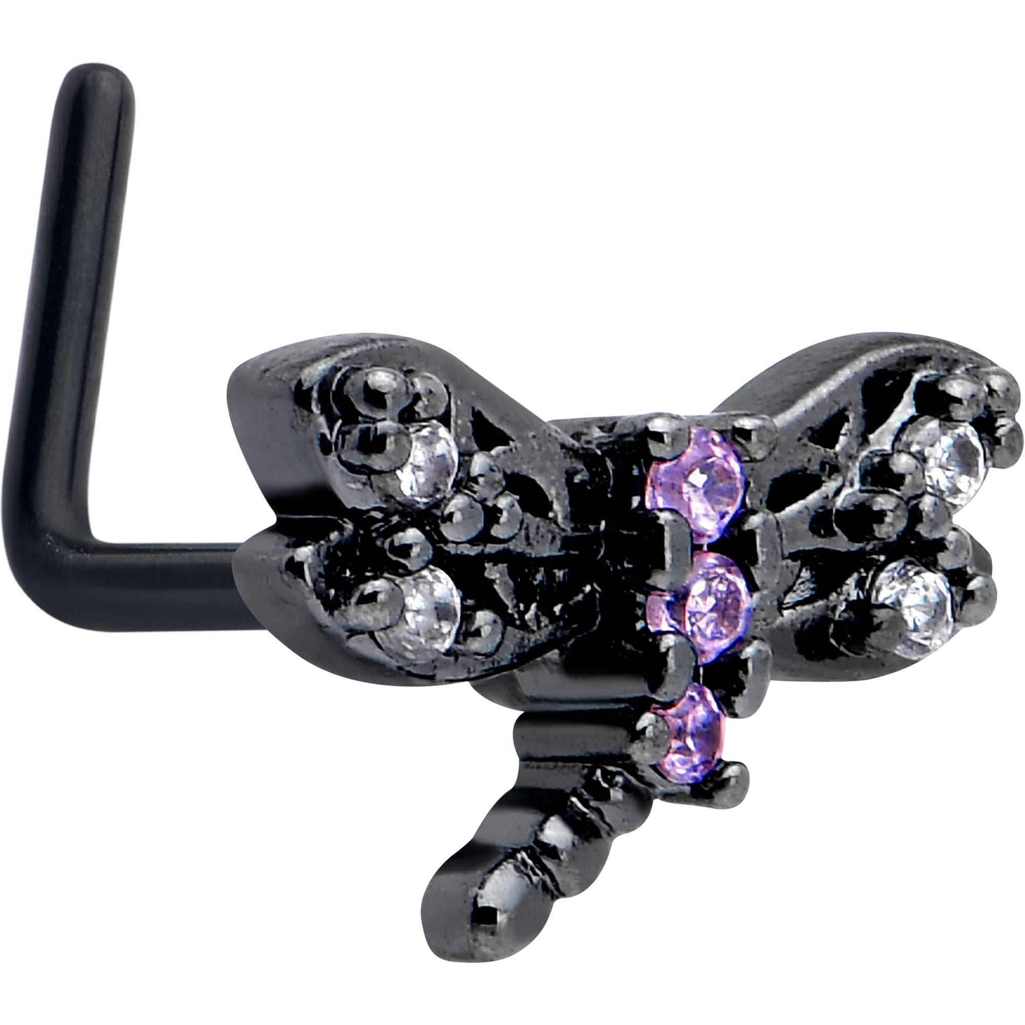 20 Gauge Black Night Dragonfly Nose Ring with Purple CZ Gem