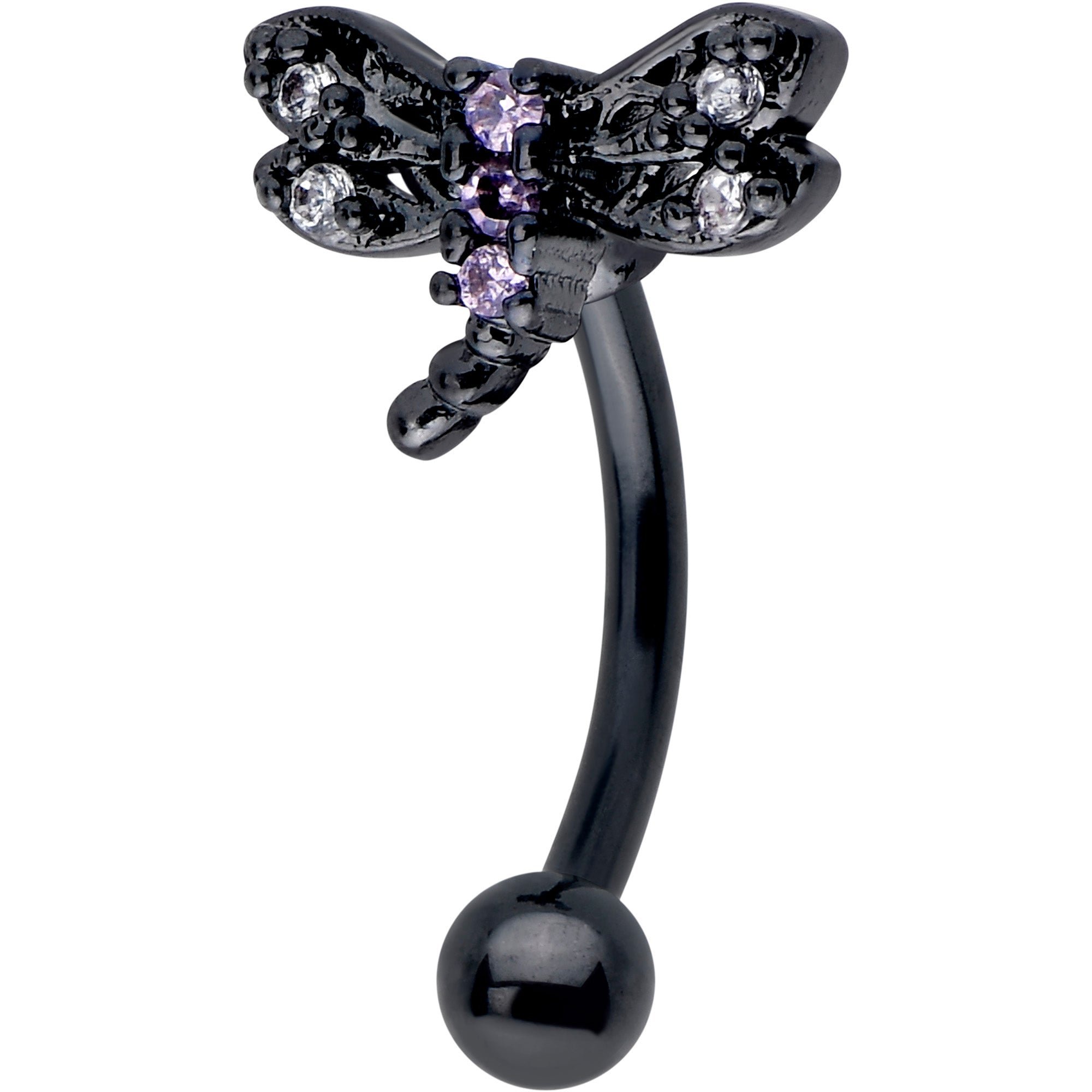 16 gauge eyebrow ring with purple CZ gem in black dragonfly design