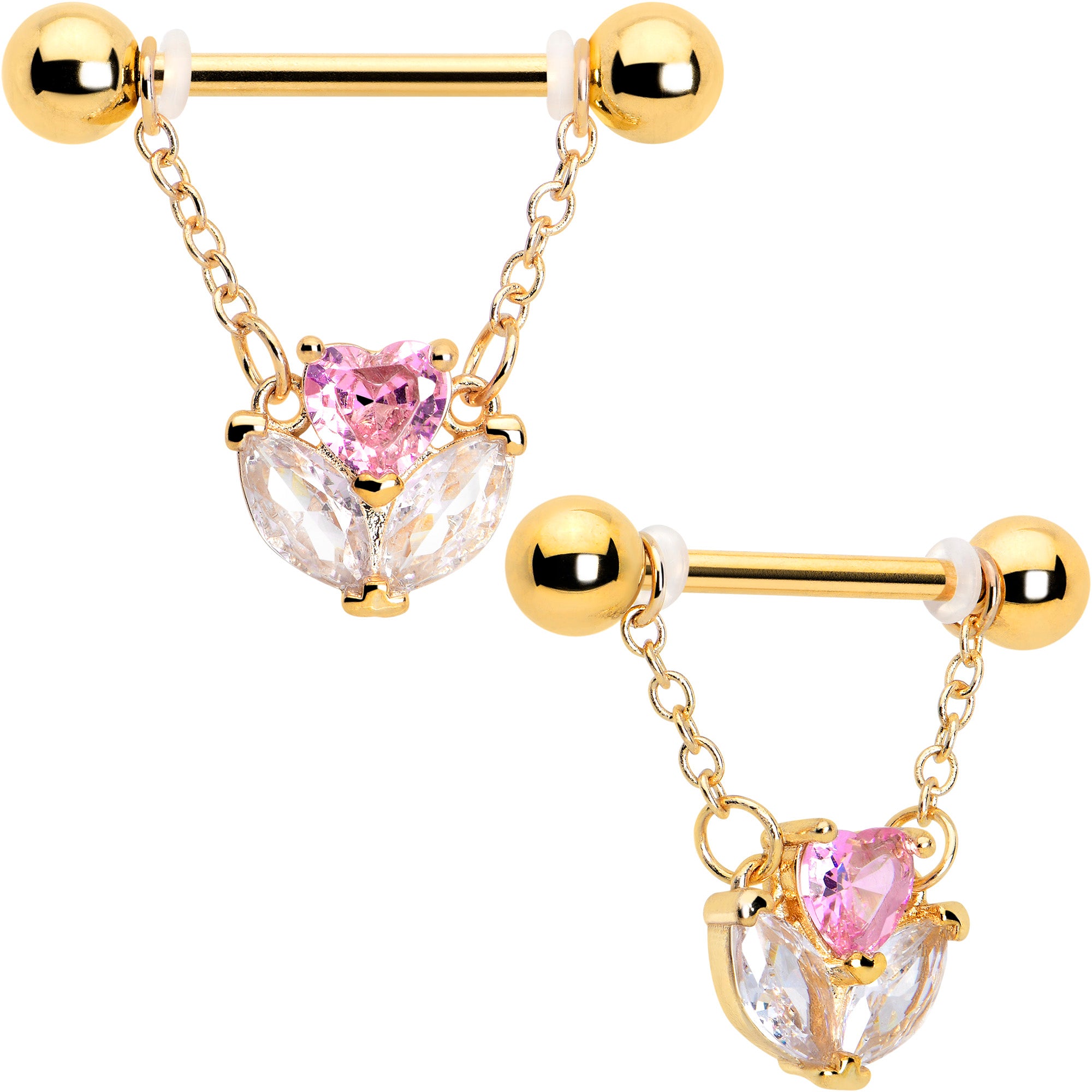 14 Gauge Pink CZ Gem Gold Tone Love Flower Nipple Ring Set