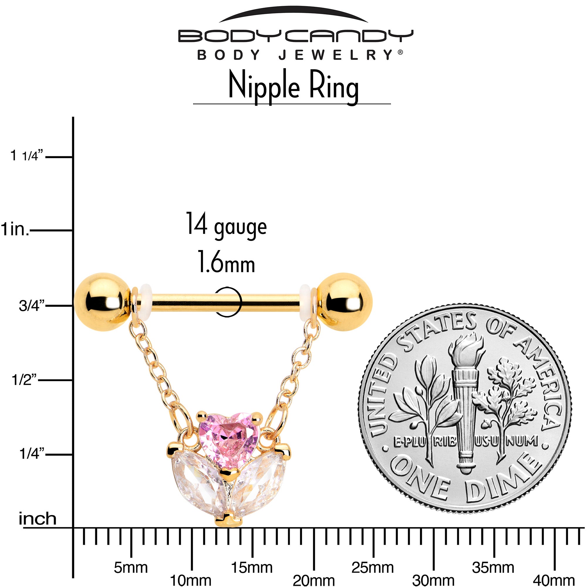 14 Gauge Love Flower Dangle Nipple Rings with Pink CZ Gems