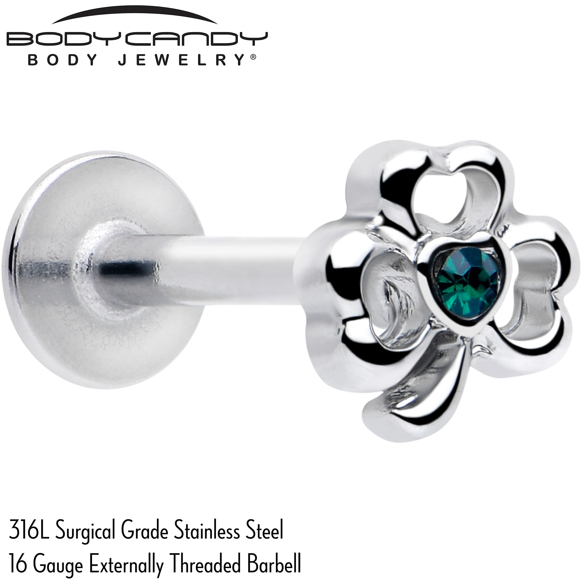 Green Gem Heart Shamrock Labret 16 Gauge 5/16 St Patricks