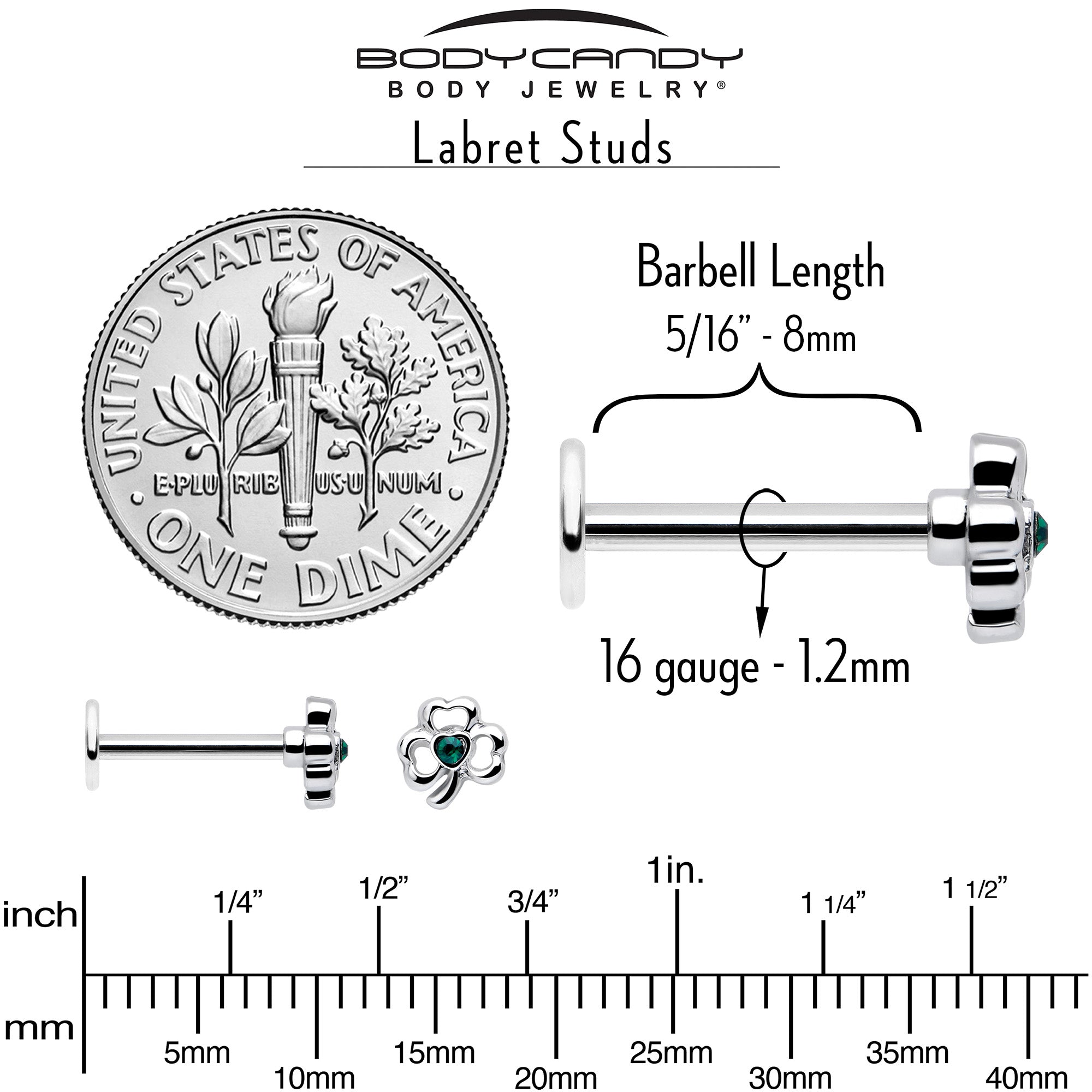 5/16 Green Gem Heart Shamrock Labret 16 Gauge St Patricks