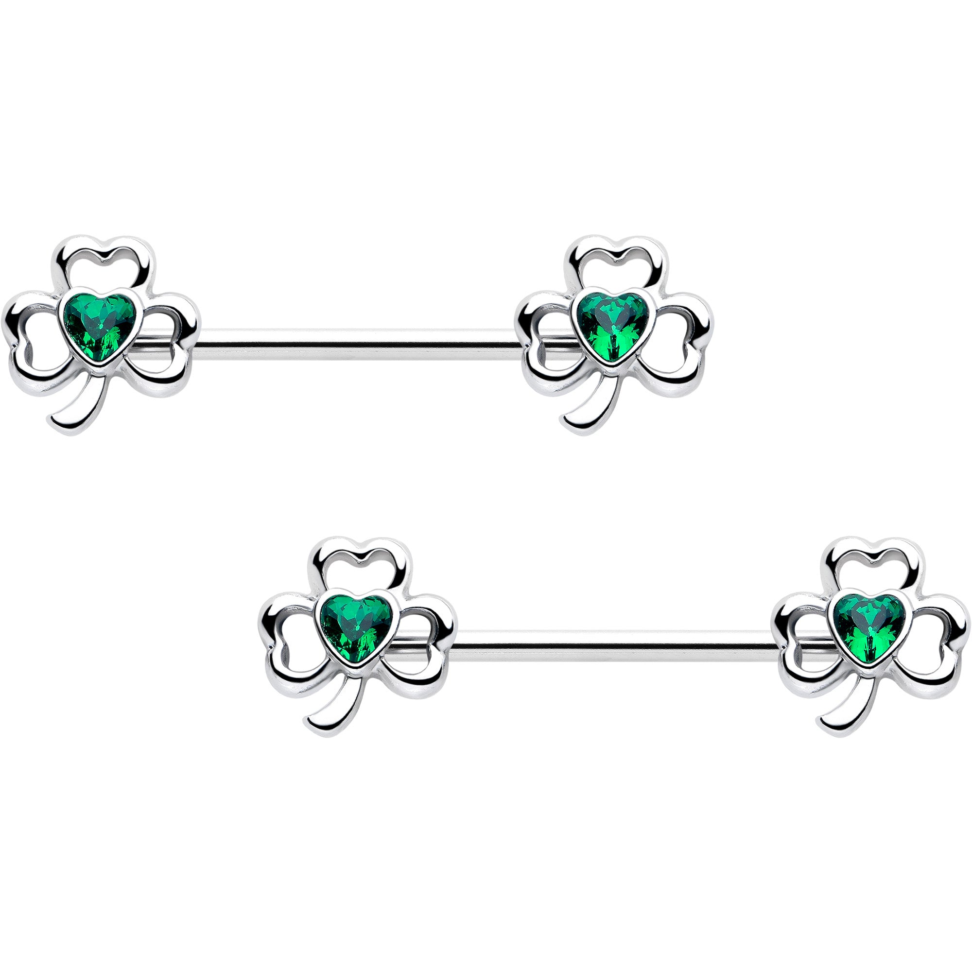 14 Gauge Green Gem Heart Shamrock Nipple Ring Set