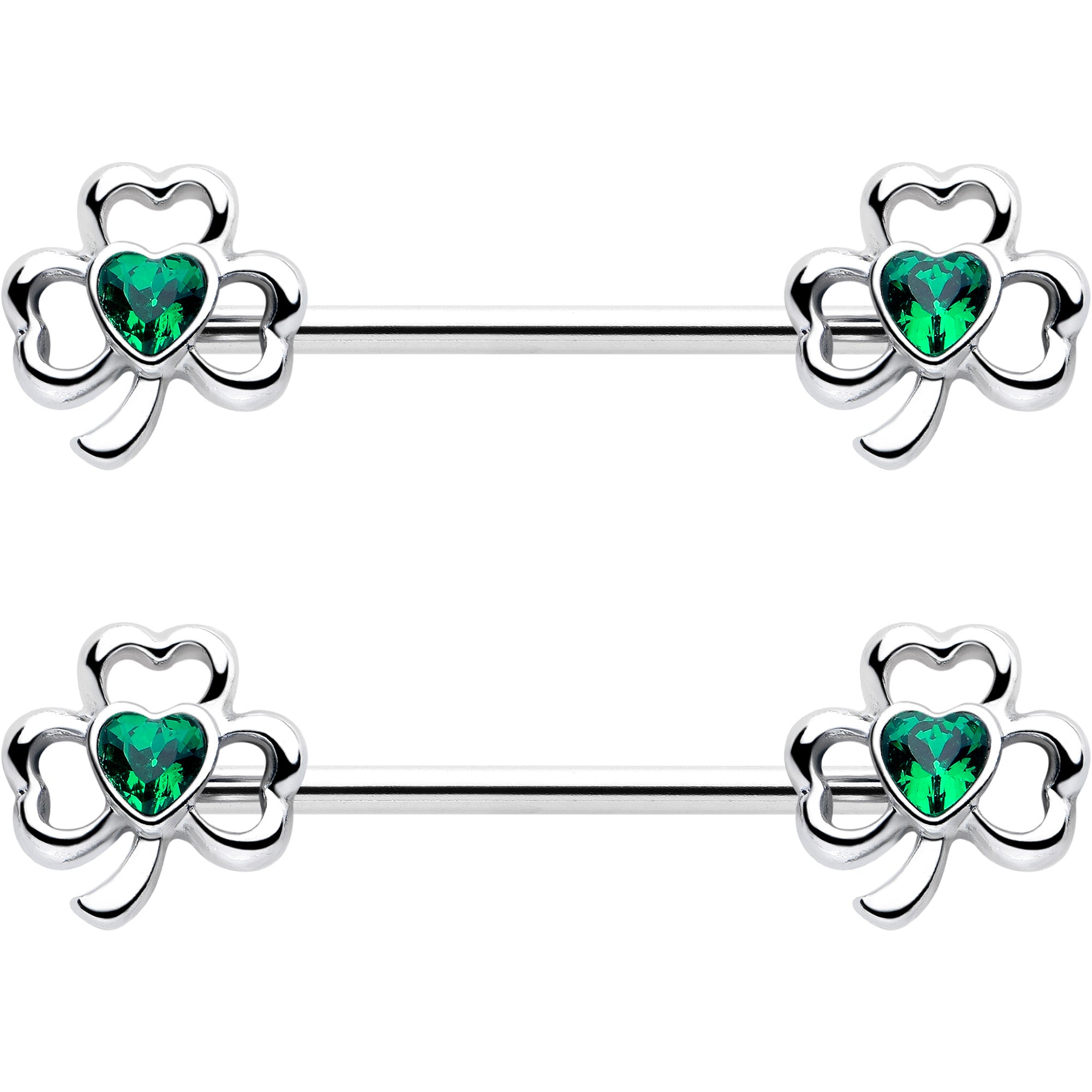 Shamrock Heart Green Gem 14 Gauge Nipple Ring Set