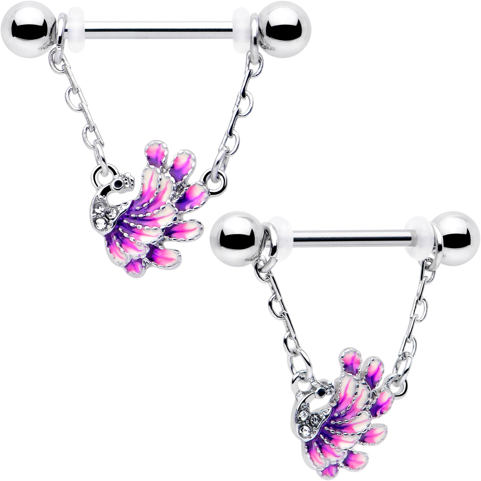 14 Gauge 9/16 Clear Gem Peacock Purple Chain Dangle Nipple Rings