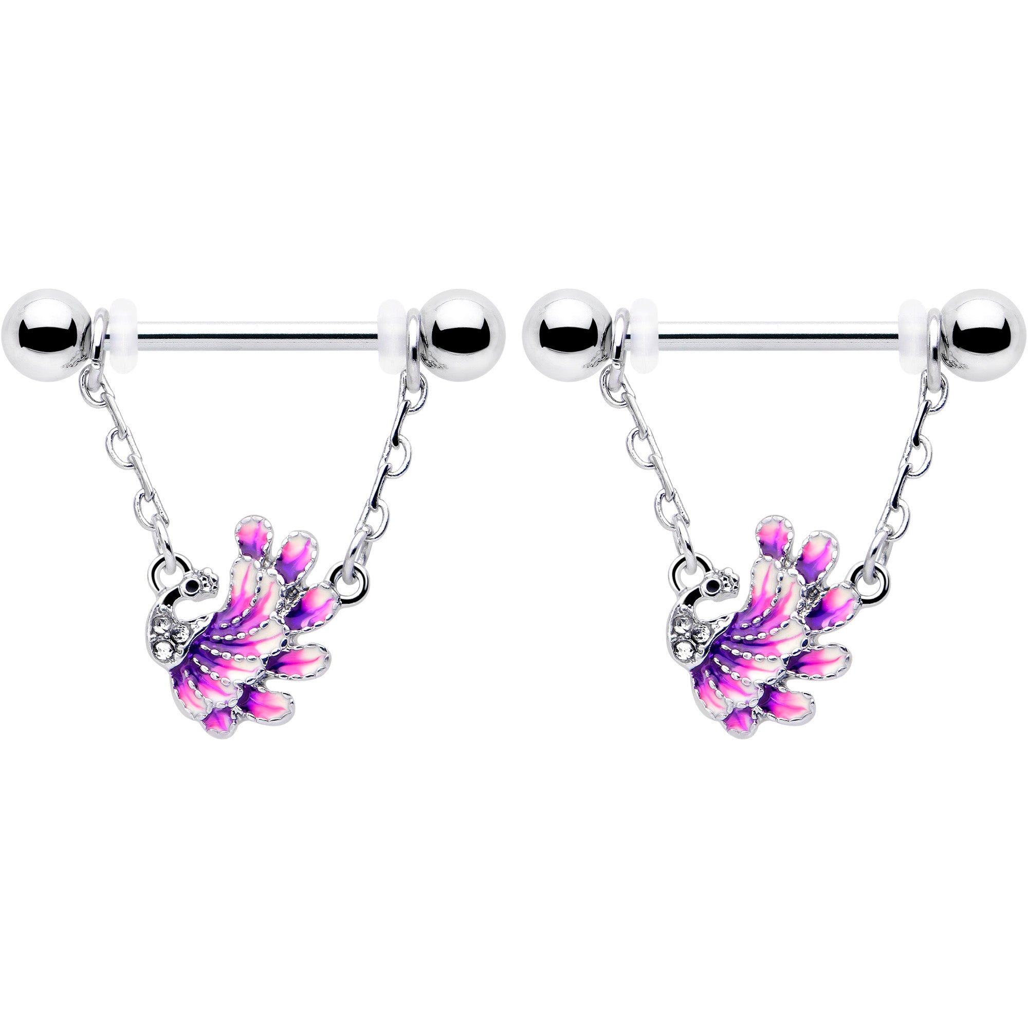 14 Gauge 9/16 Clear Gem Peacock Purple Chain Dangle Nipple Ring Set