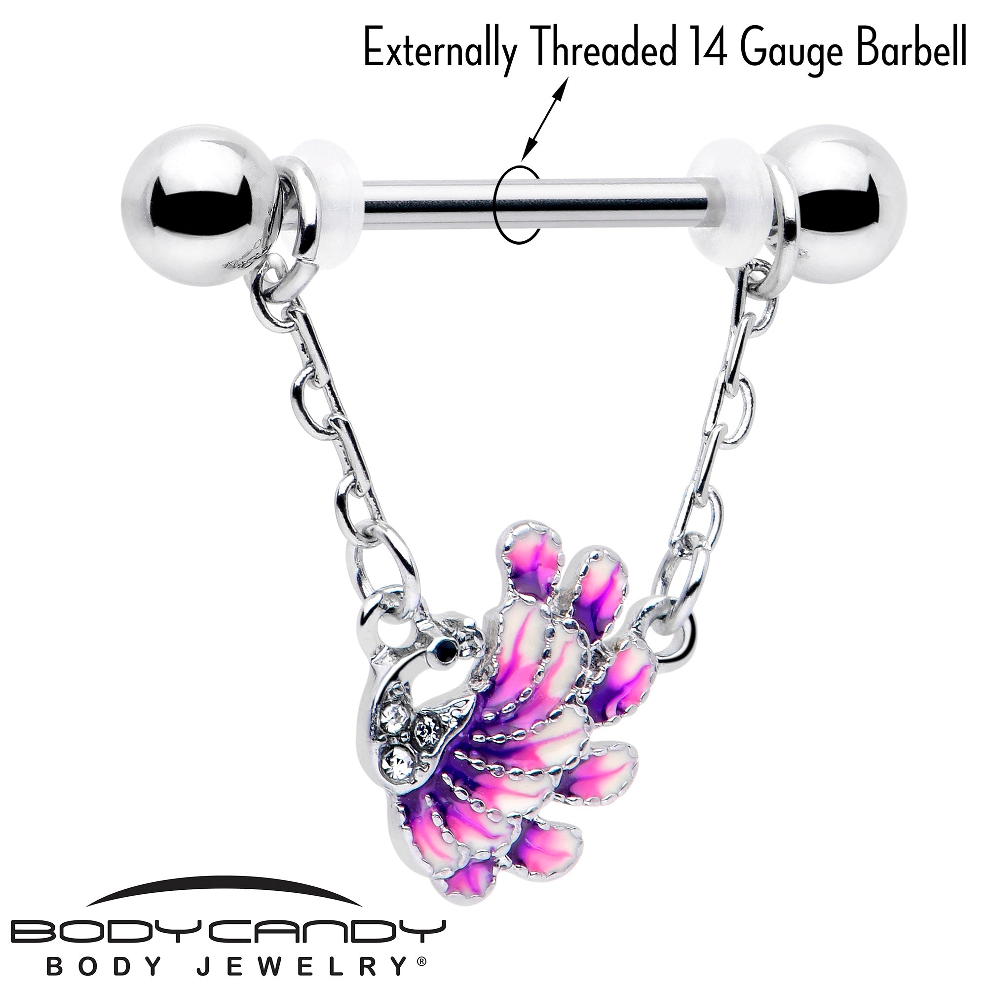 Clear Gem Peacock Purple Chain Dangle 14 Gauge Nipple Ring Set