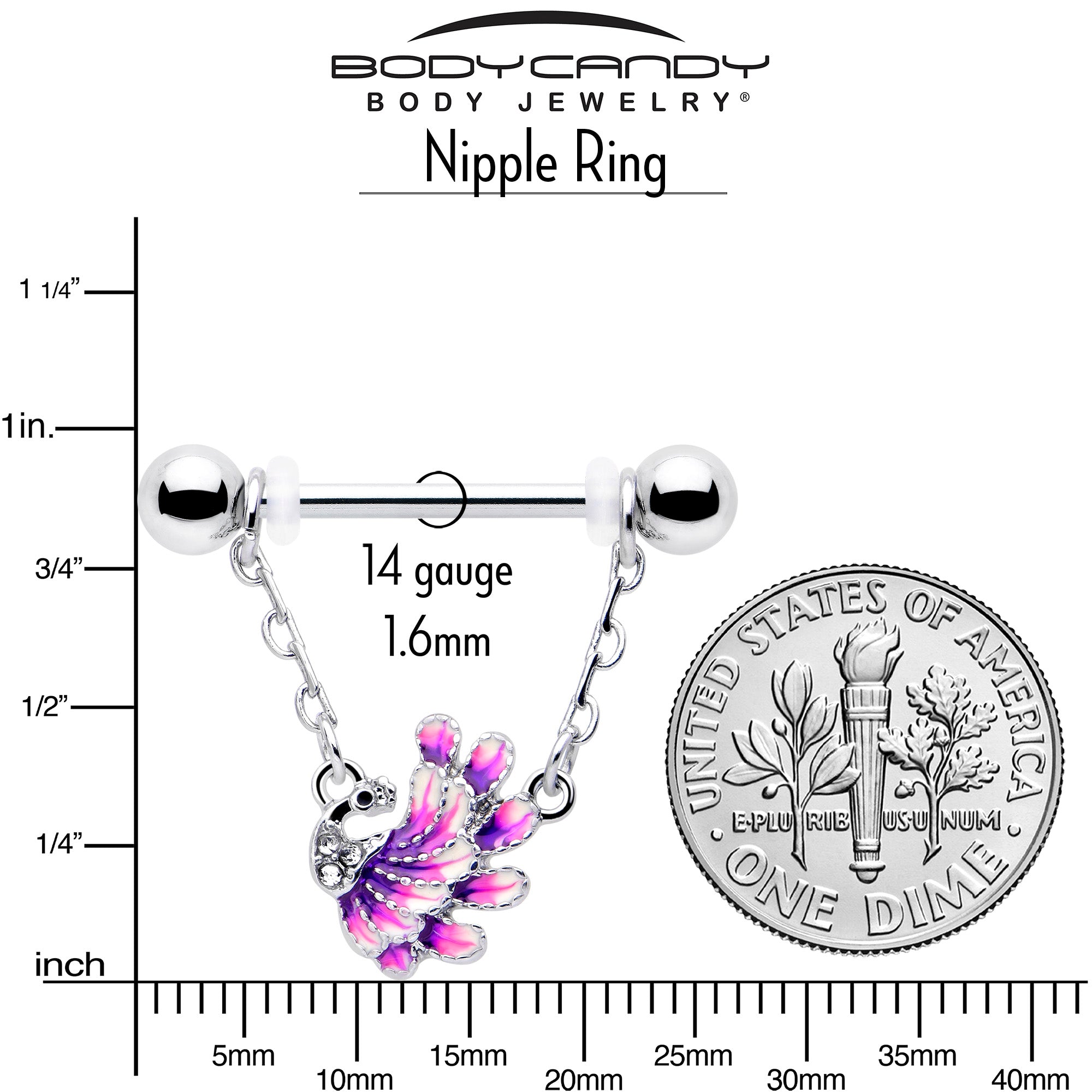 14 Gauge Nipple Rings with Clear Gem Peacock Purple Chain Dangle