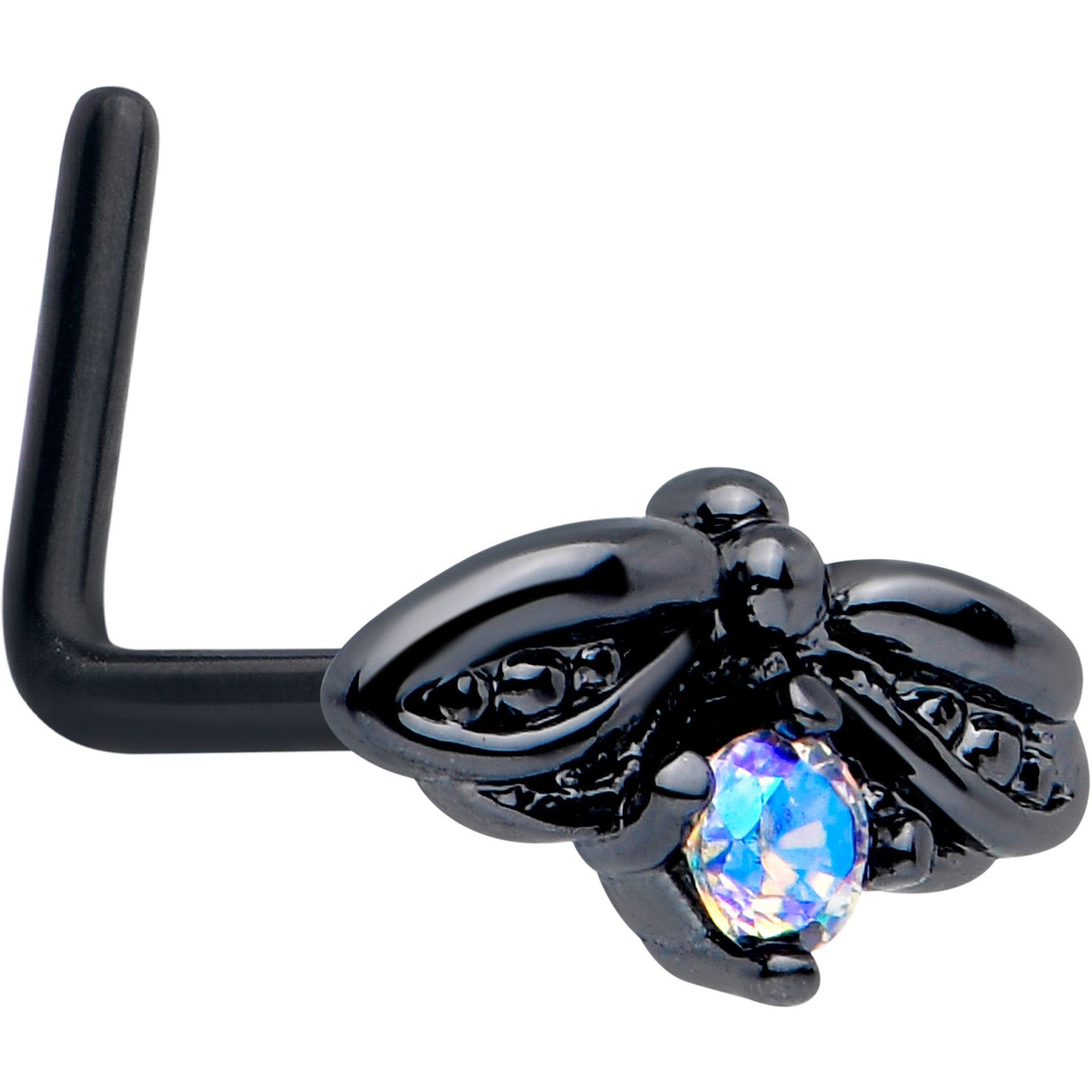 20 Gauge 7mm Aurora Gem Black Beauty Bug L Shape Nose Ring