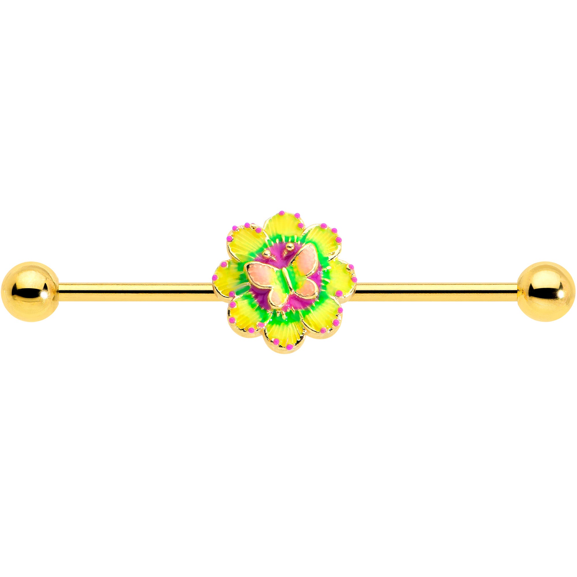 14 Gauge Gold Tone Tie Dye Butterfly Style Industrial Barbell 38mm