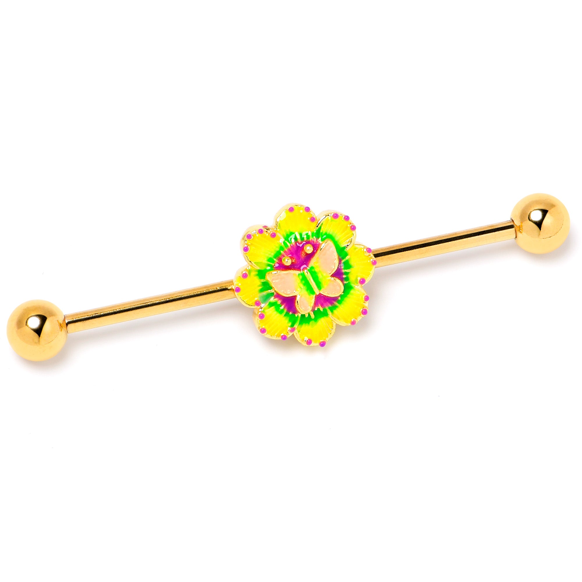 14 Gauge Gold Tone Tie Dye Butterfly Style Industrial Barbell 38mm