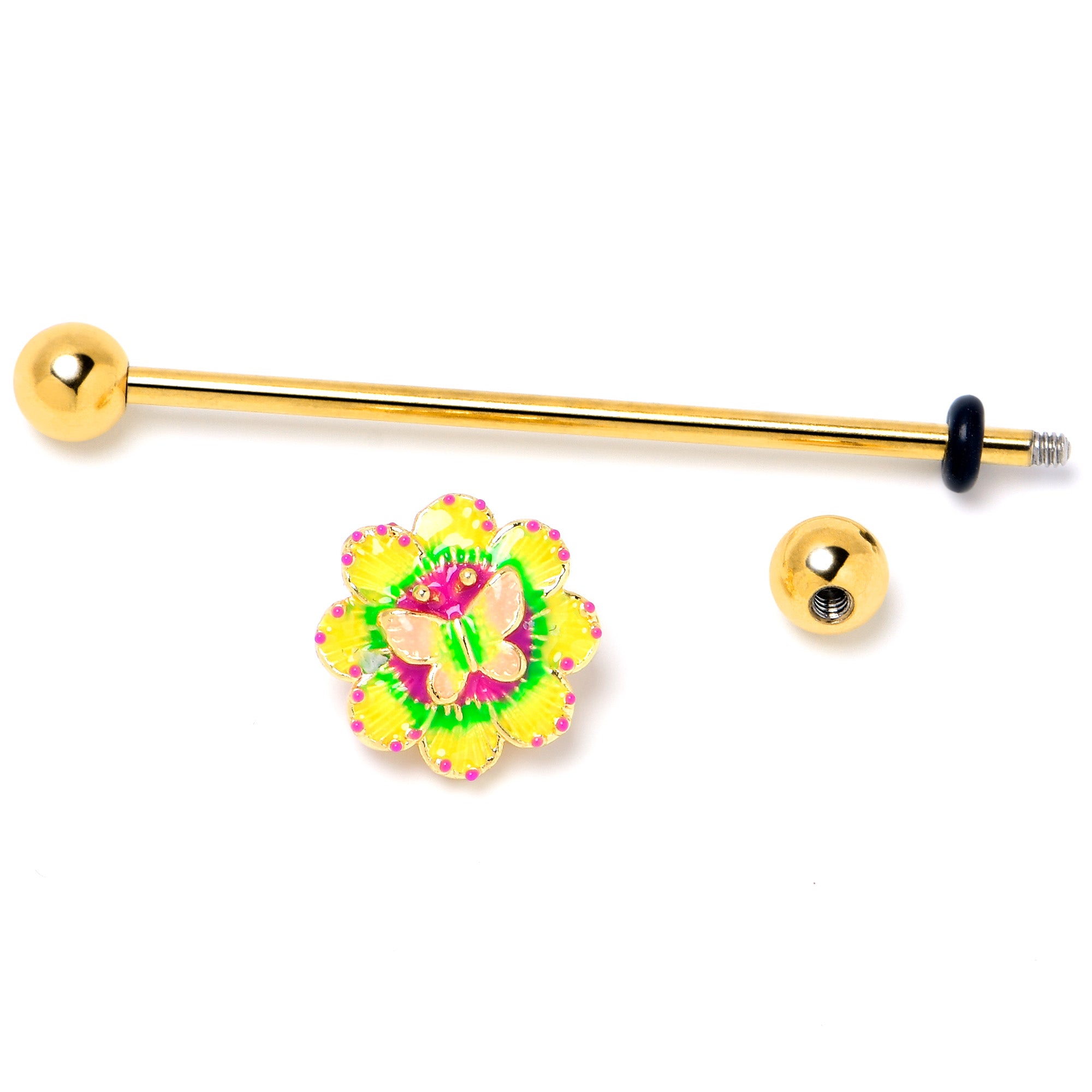 14 Gauge Gold Tone Tie Dye Butterfly Style Industrial Barbell 38mm