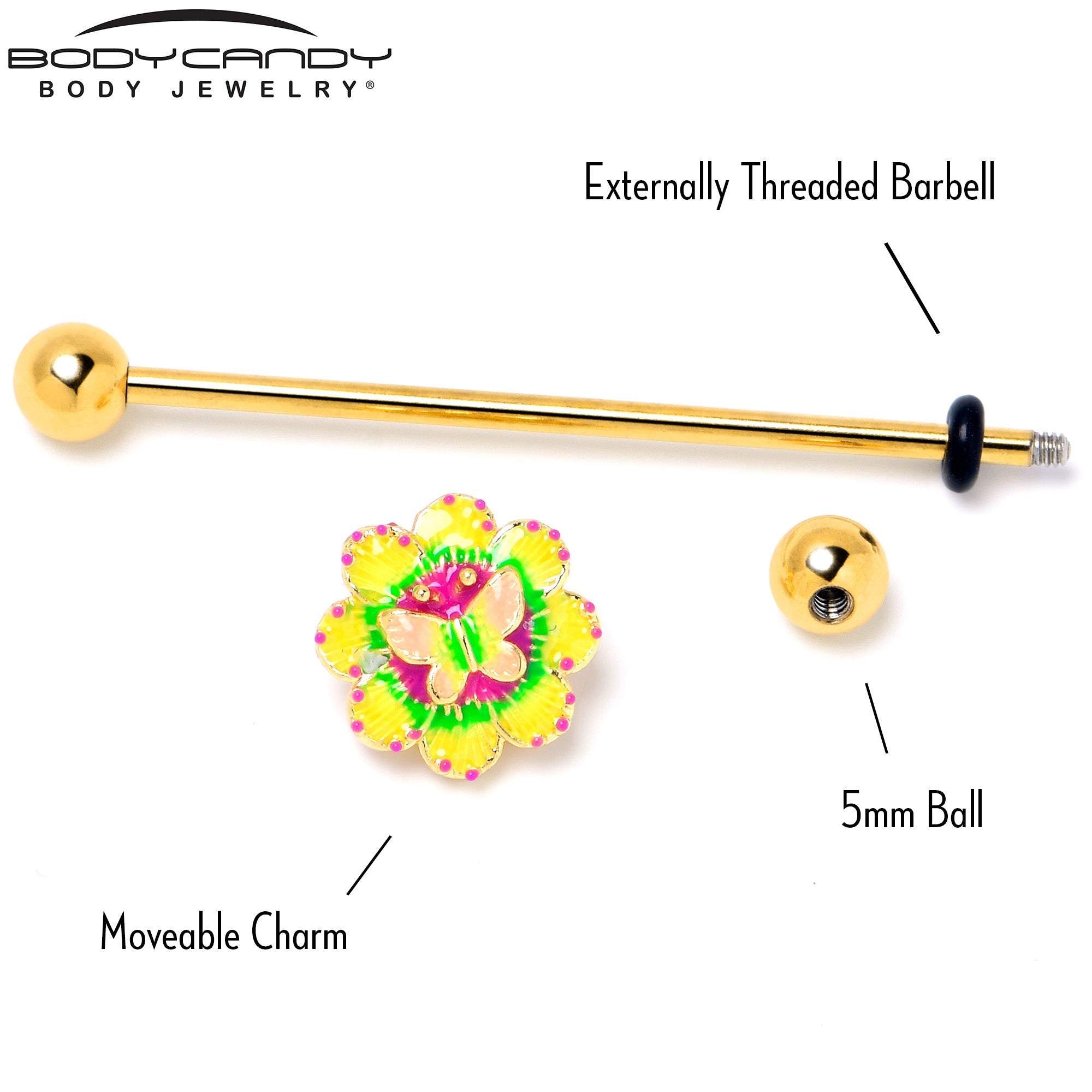 14 Gauge Gold Tone Tie Dye Butterfly Style Industrial Barbell 38mm