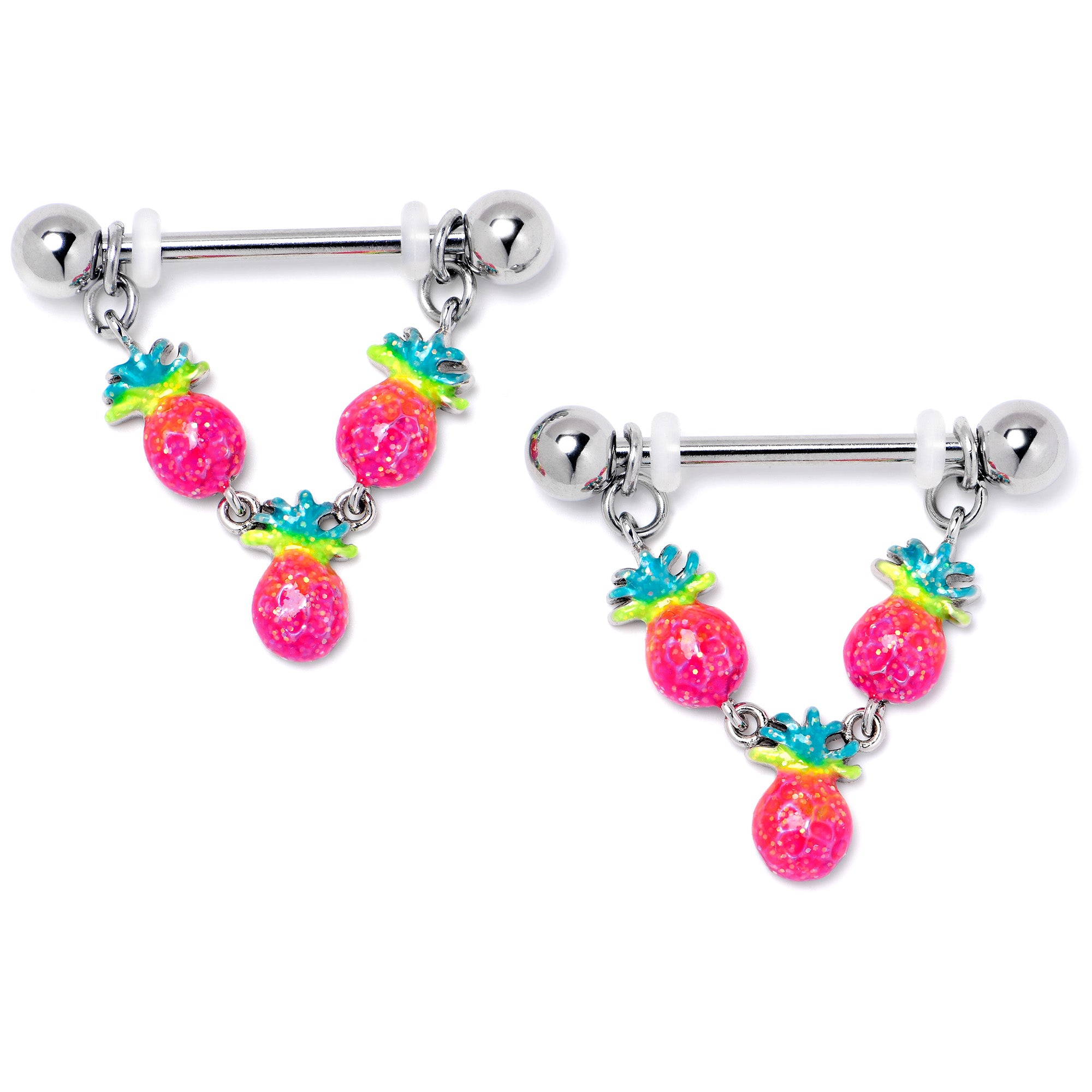 14 Gauge 9/16 Hot Tropical Pineapple Dangle Barbell Nipple Ring Set