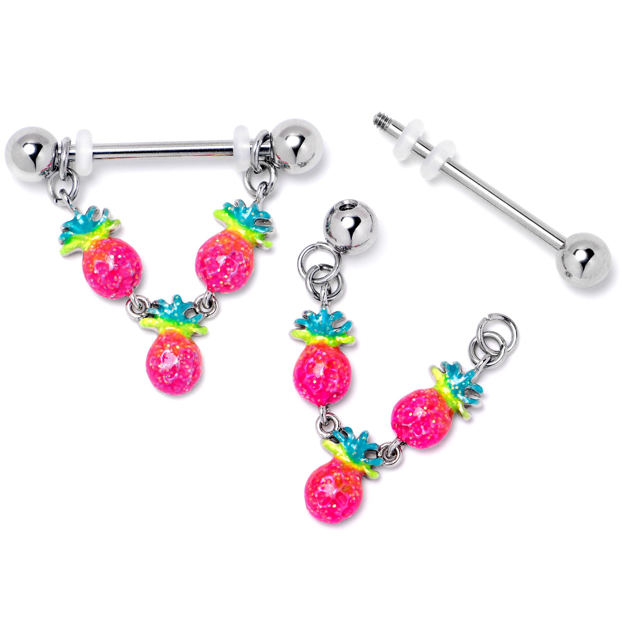 14 Gauge 9/16 Hot Tropical Pineapple Dangle Barbell Nipple Ring Set