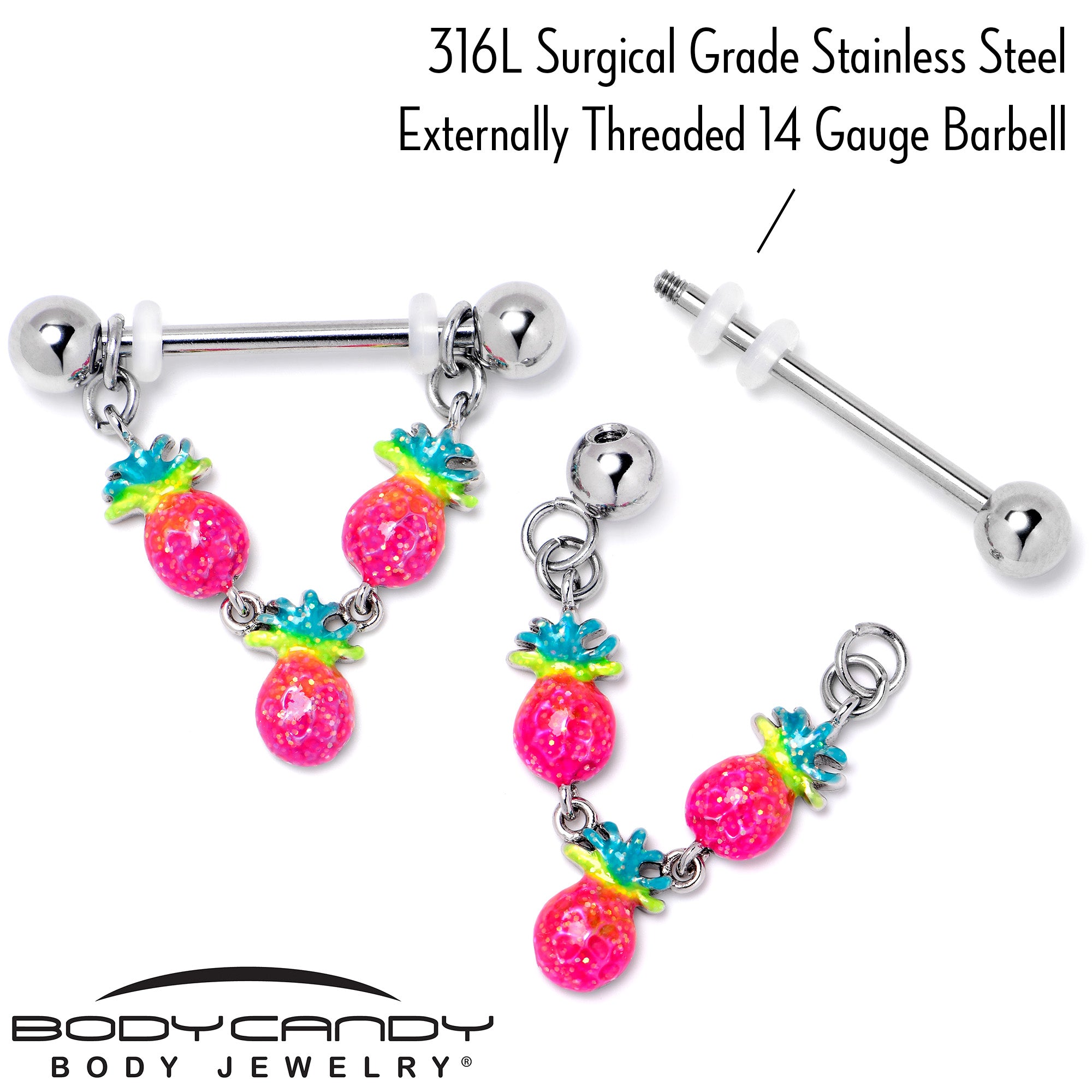 14 Gauge 9/16 Hot Tropical Pineapple Dangle Barbell Nipple Ring Set