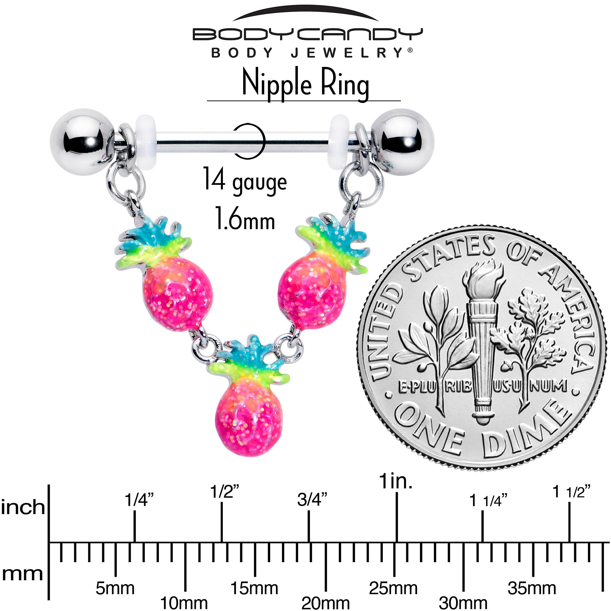 14 Gauge 9/16 Hot Tropical Pineapple Dangle Barbell Nipple Ring Set