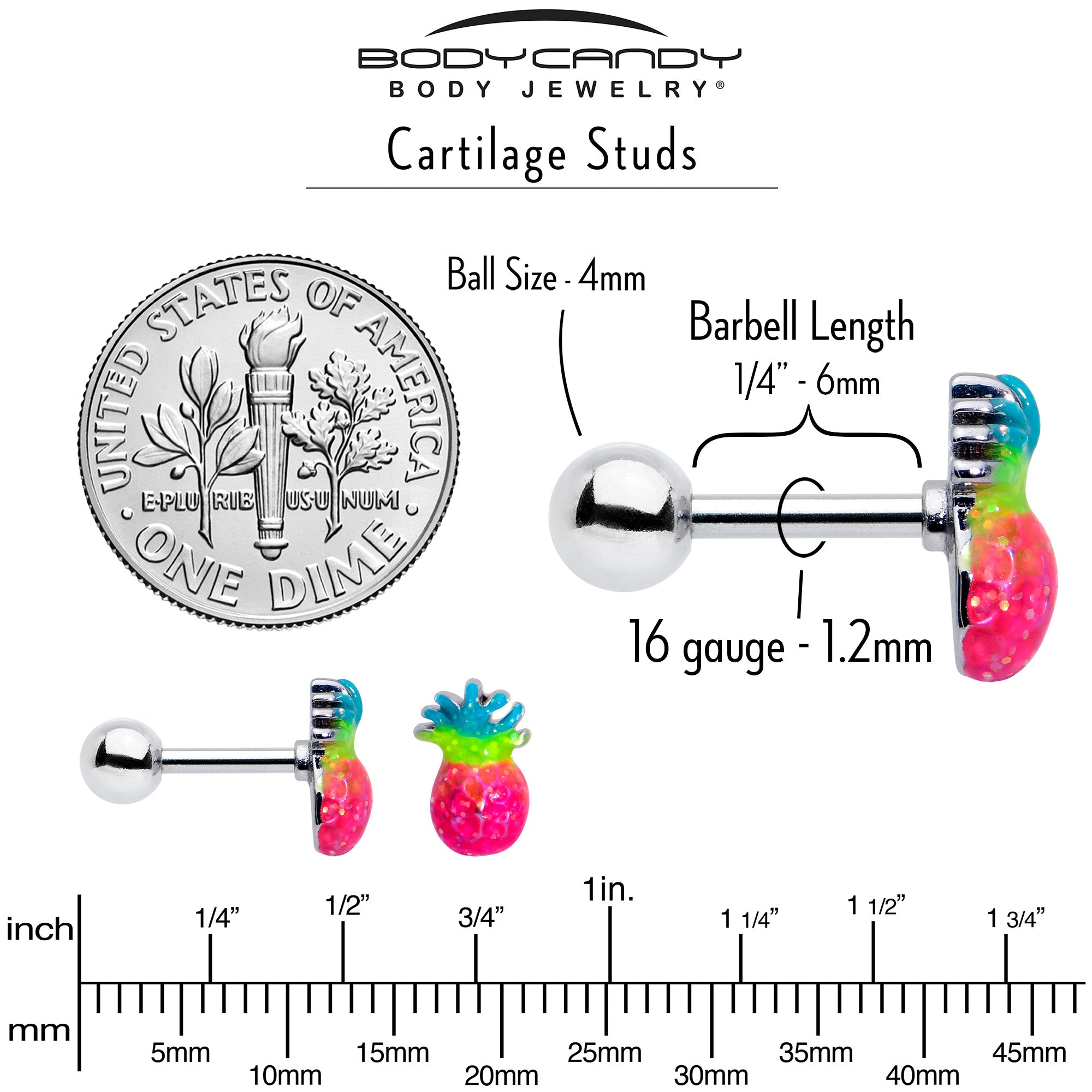 16 Gauge 1/4 Hot Tropical Pineapple Cartilage Tragus Earring