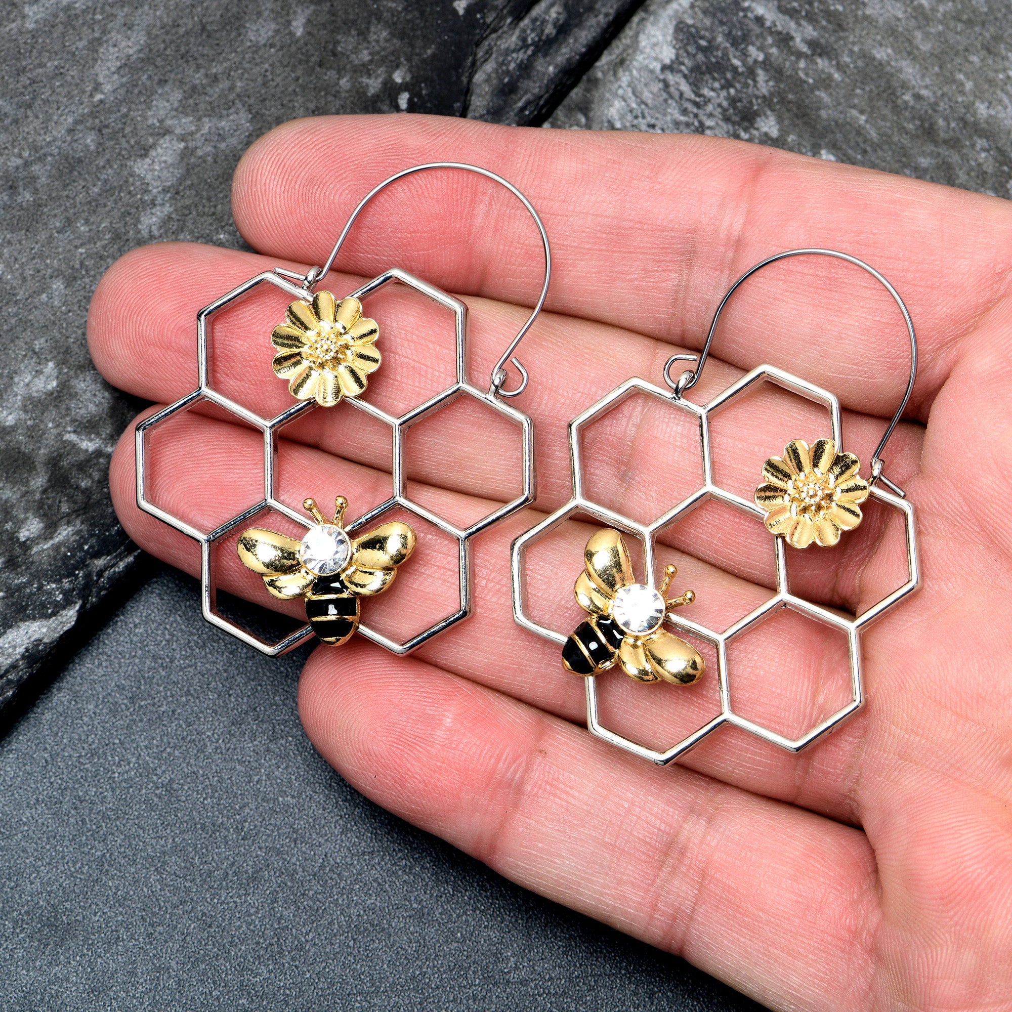 Clear Gem Bee Honeycomb Flower Tunnel Plug Earrings