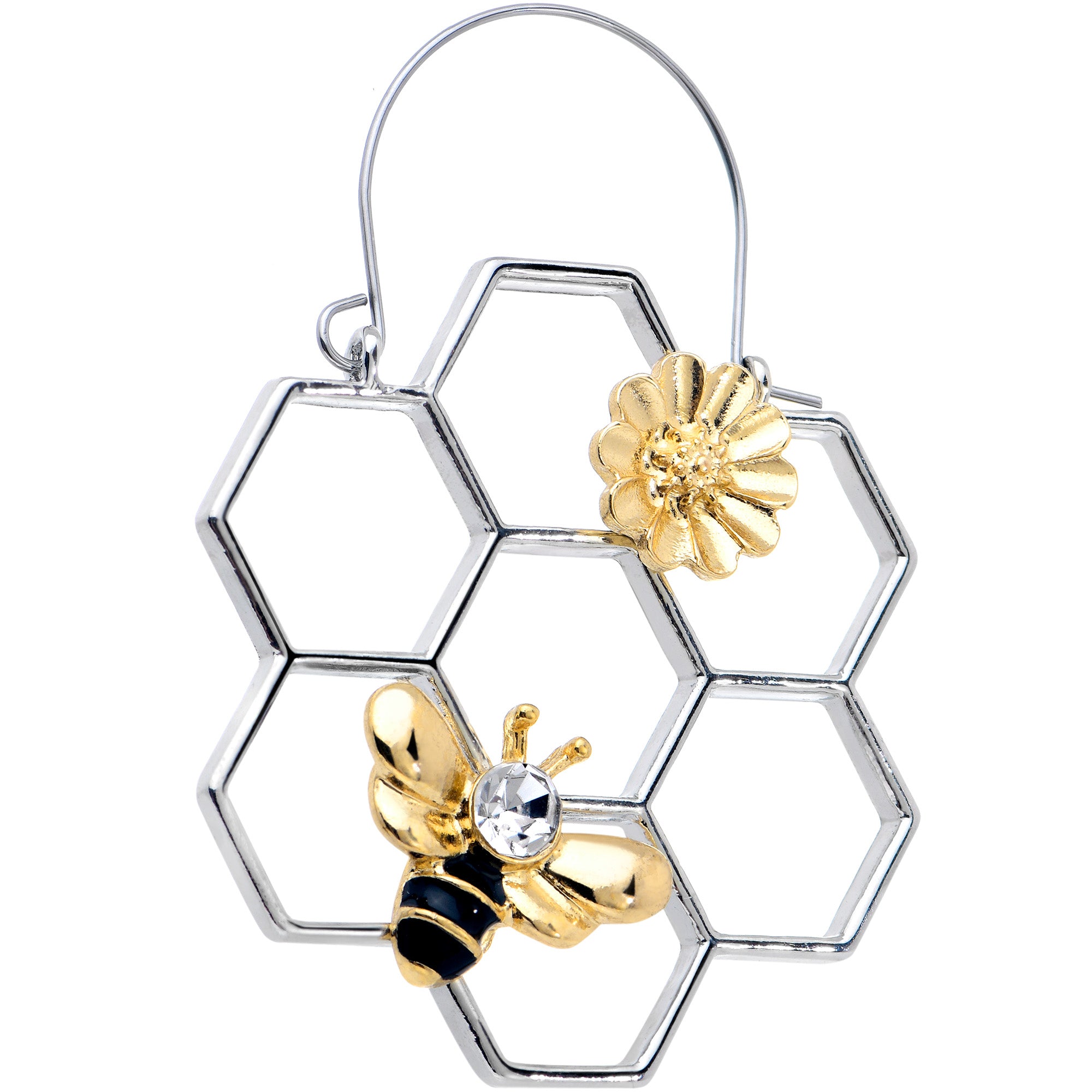 Clear Gem Bee Honeycomb Flower Tunnel Plug Earrings