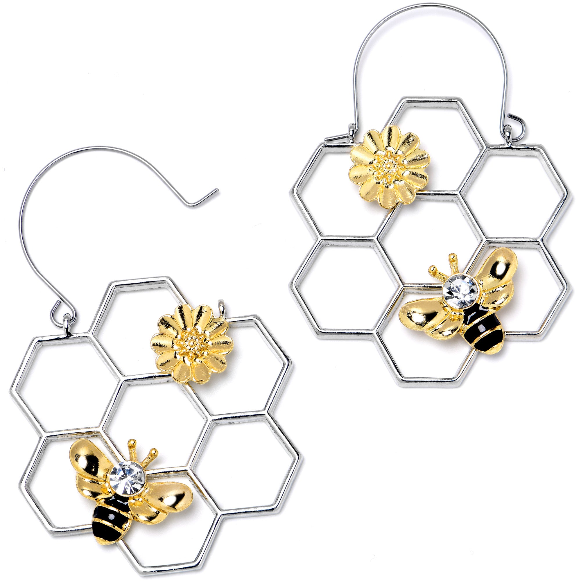 Clear Gem Bee Honeycomb Flower Tunnel Plug Earrings