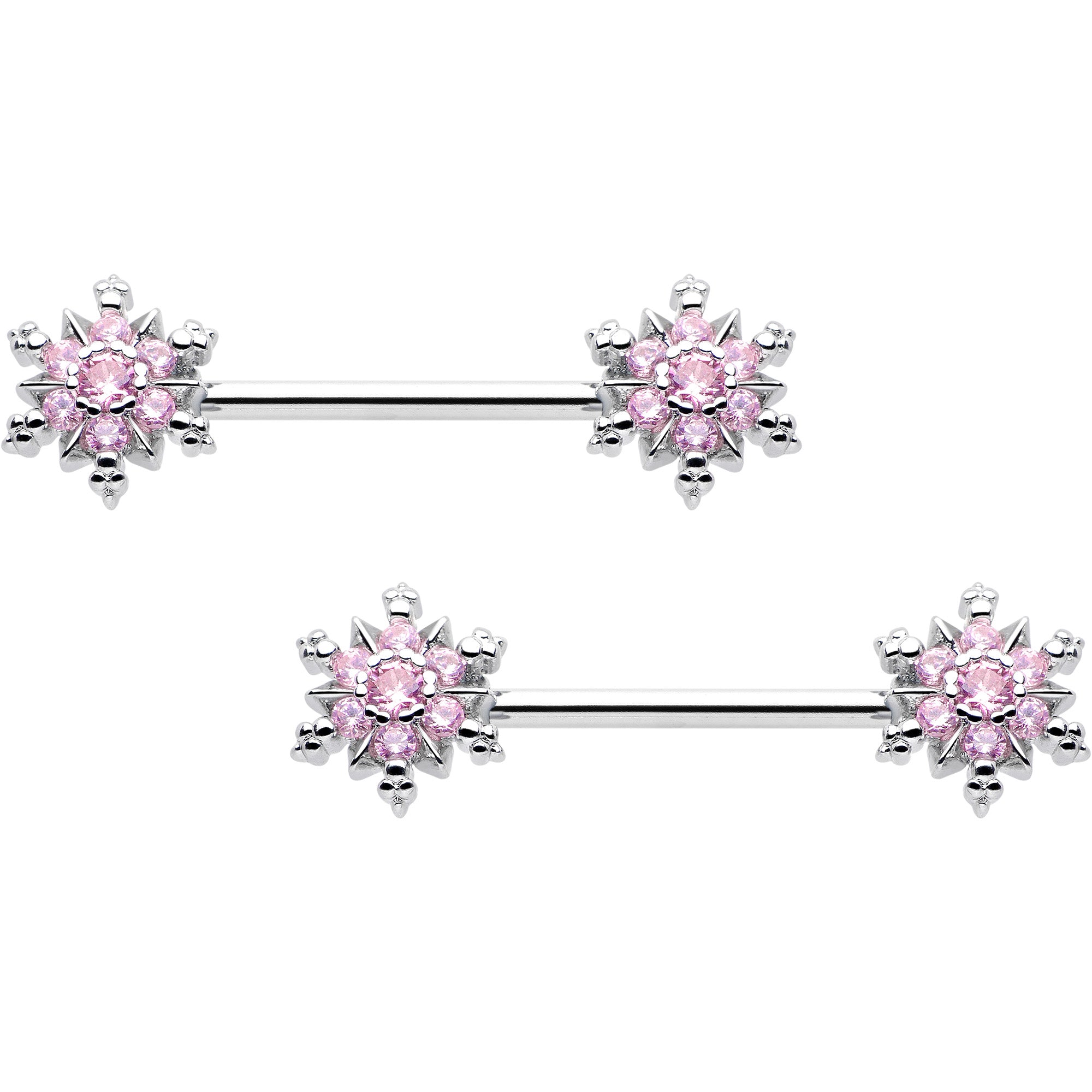 14 Gauge 9/16 Pink CZ Gem Snowflake Glam Barbell Nipple Ring Set