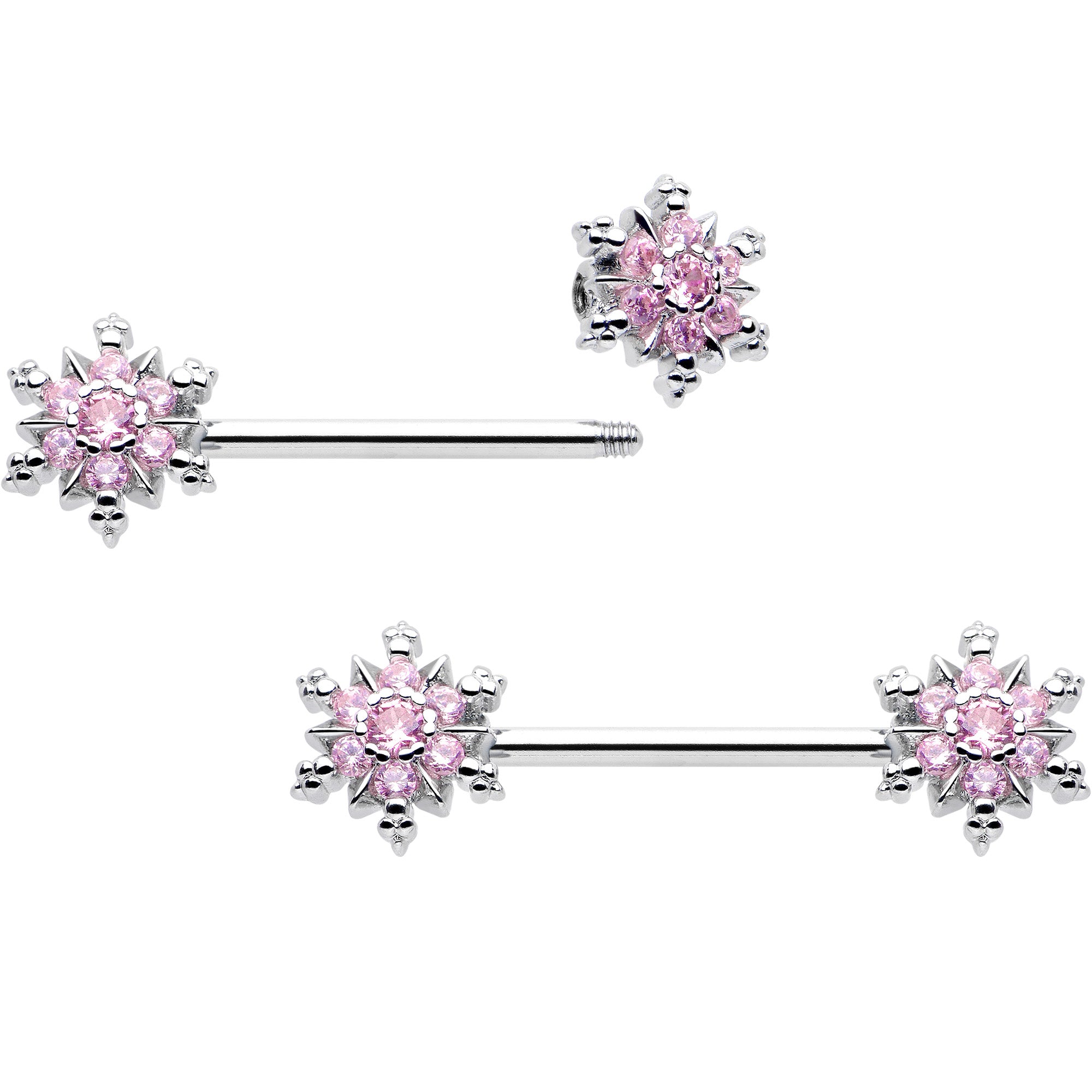 14 Gauge Pink CZ Gem Snowflake Barbell Nipple Ring Set