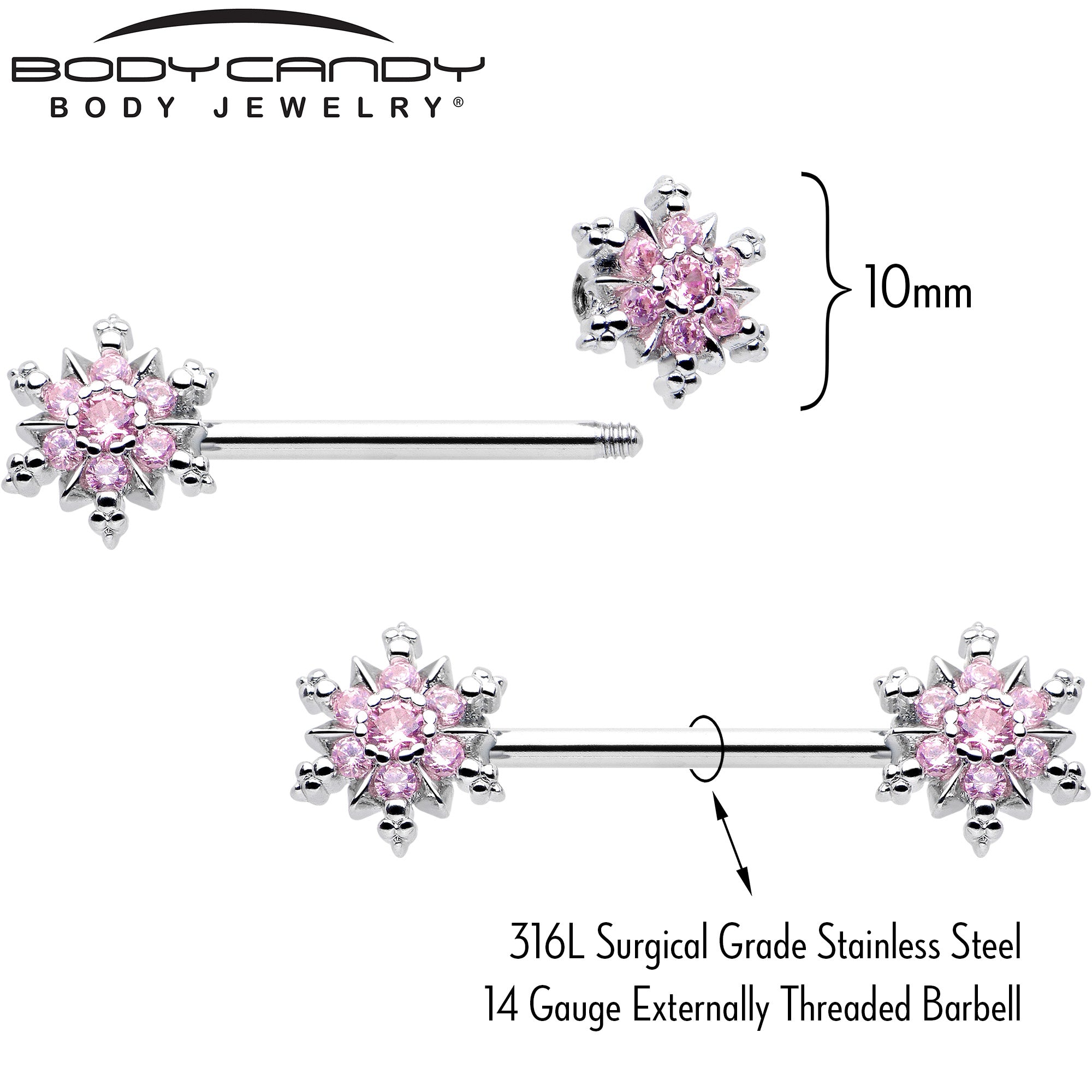 9/16 Pink CZ Gem Snowflake Barbell Nipple Rings