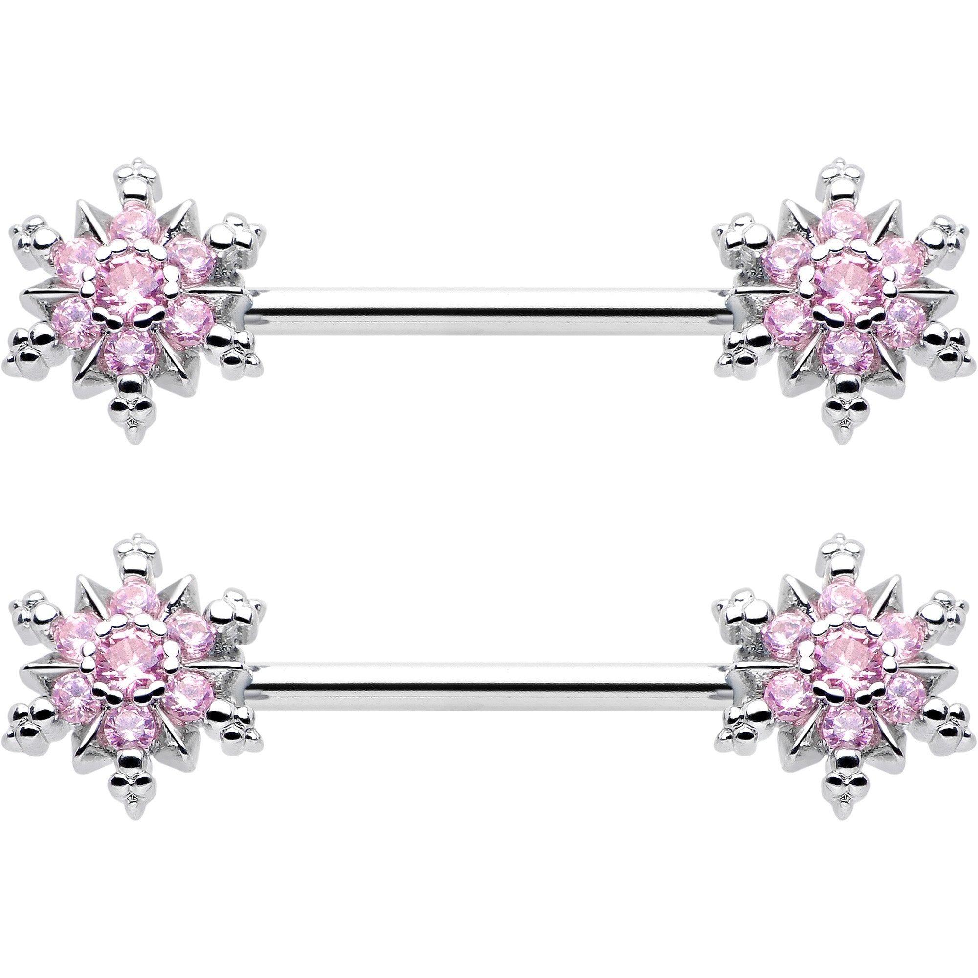 Pink CZ Gem Snowflake Barbell Nipple Ring Set 14 Gauge 9/16