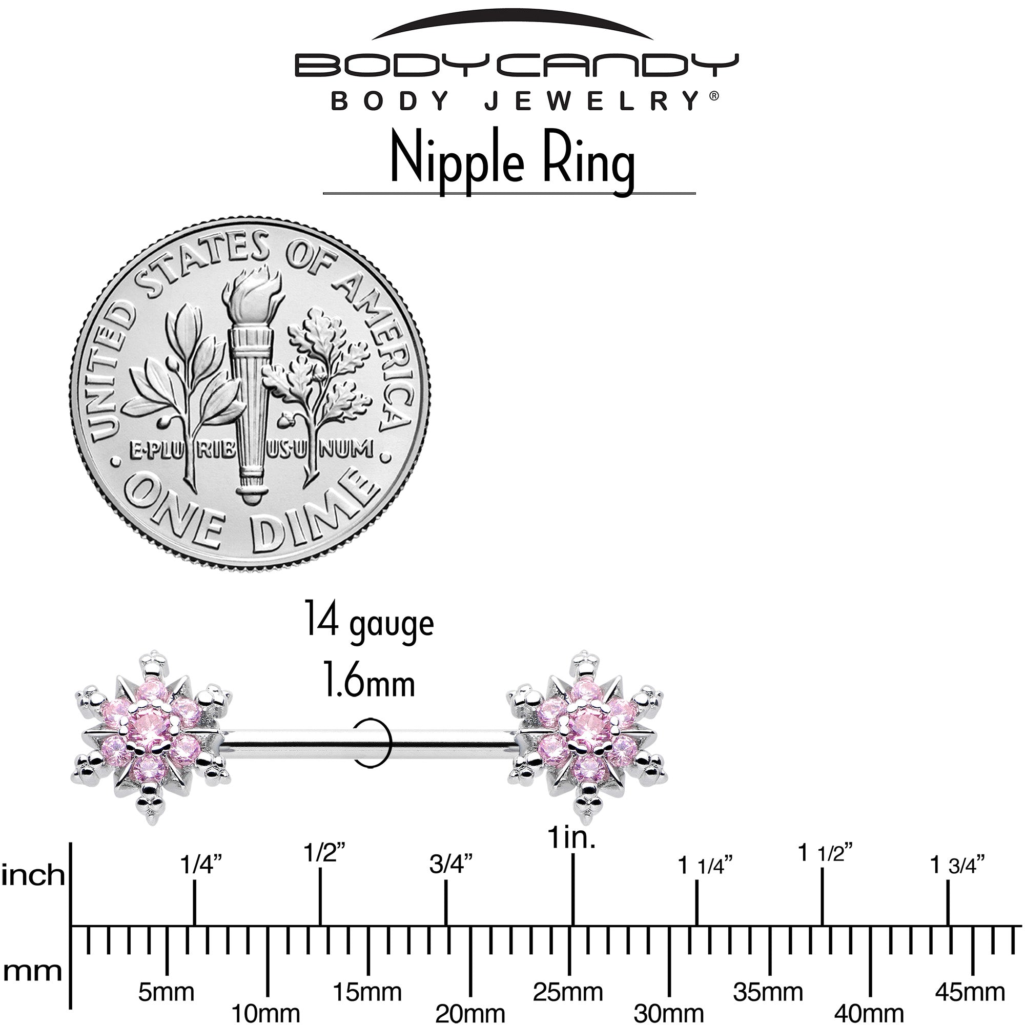 14 Gauge Snowflake Glam Barbell Nipple Rings Pink CZ Gem