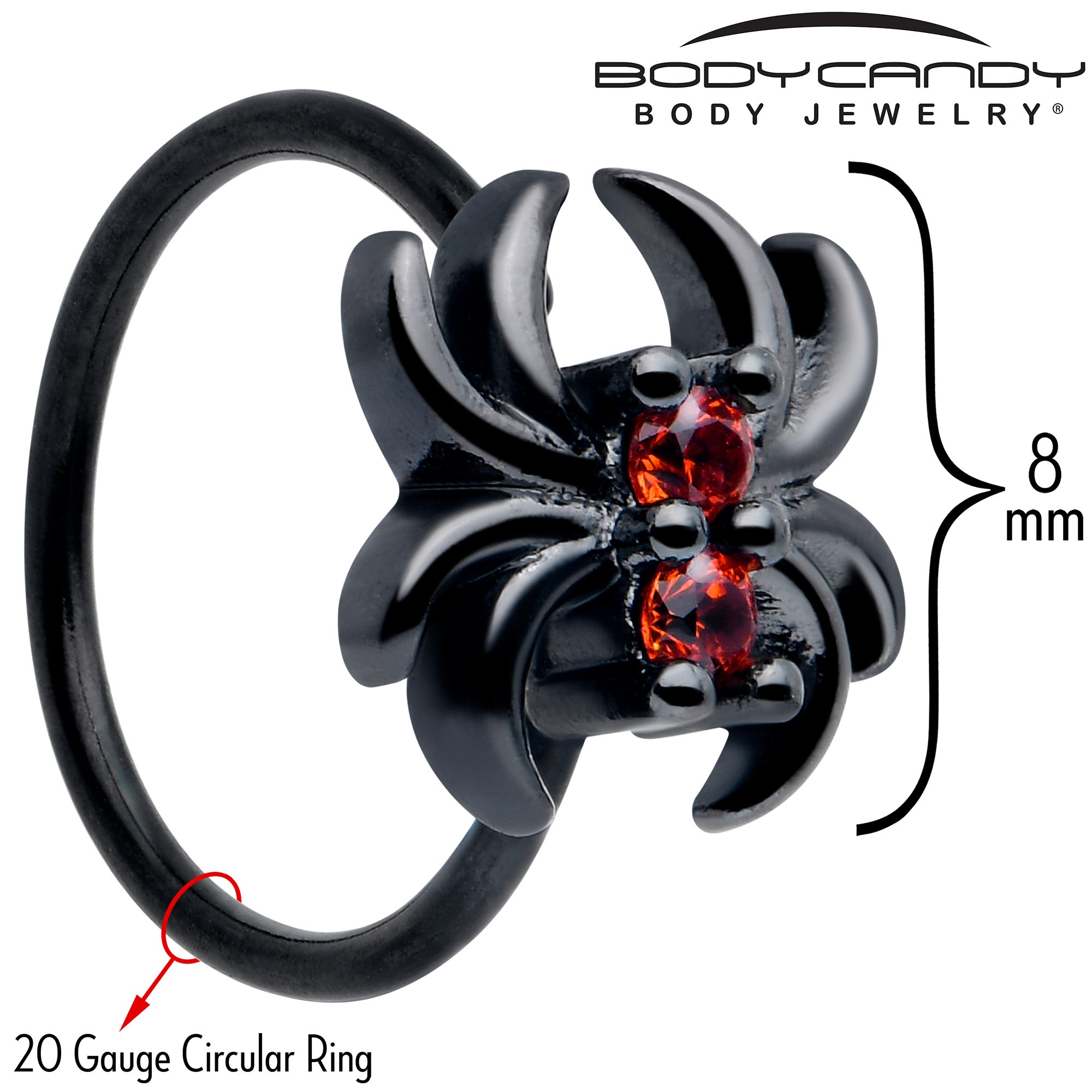 20 Gauge 5/16 Red CZ Gem Black Spider Nose Hoop