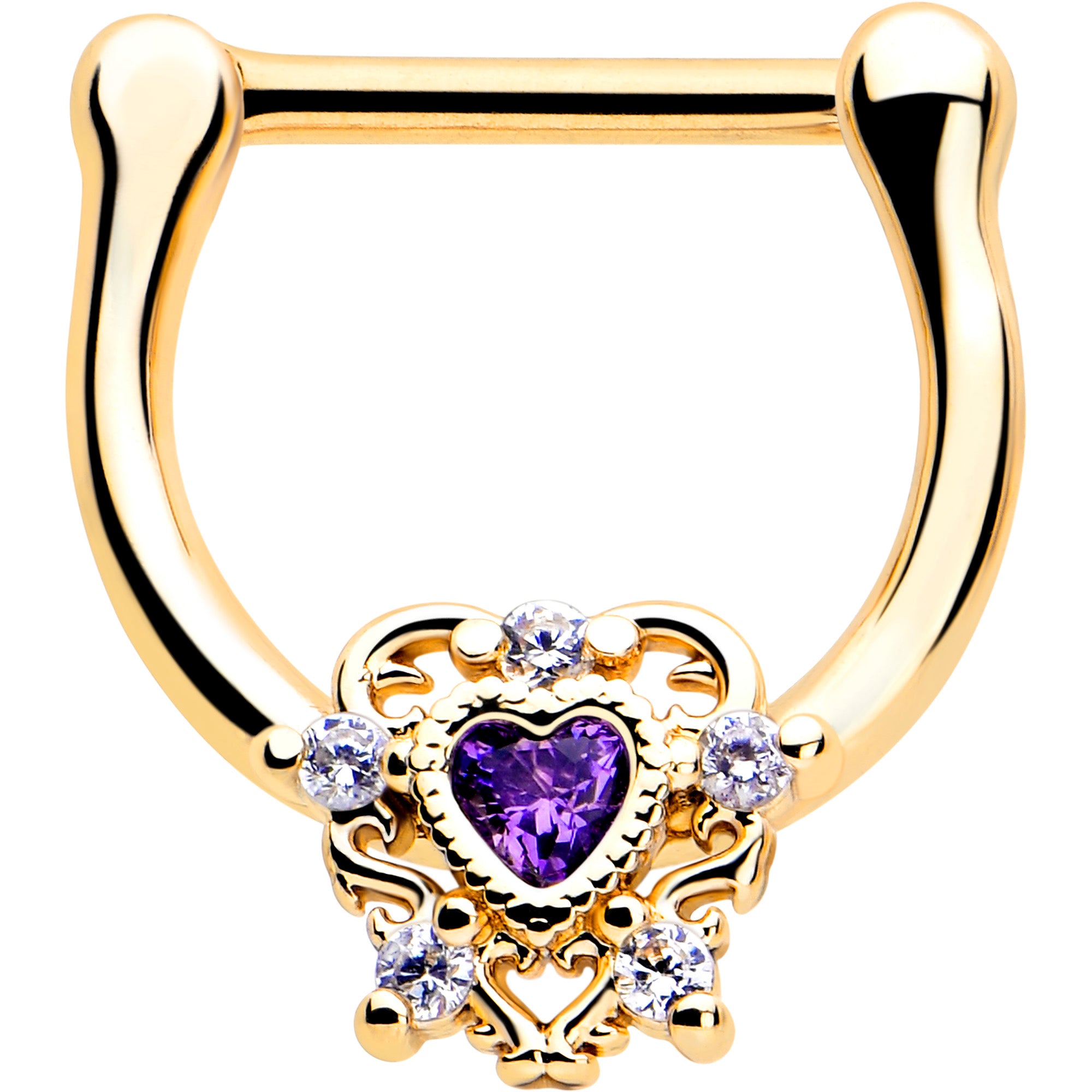 16 Gauge 5/16 Purple CZ Gem Gold Tone Heart Cartilage Clicker