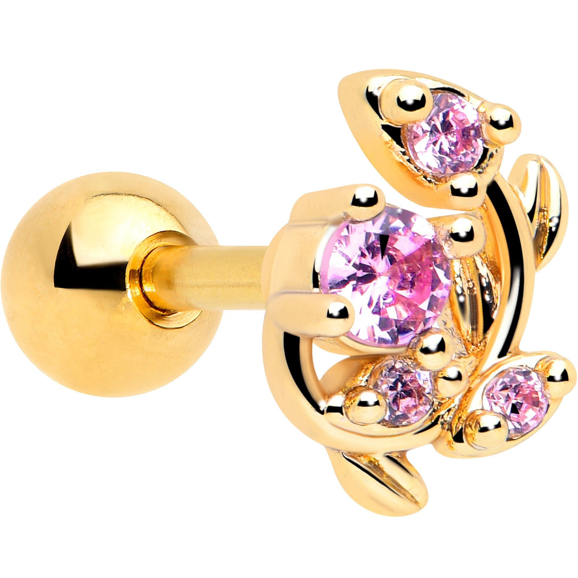 16 Gauge 1/4 Pink Gem Gold Tone Twining Vine Cartilage Tragus Earring