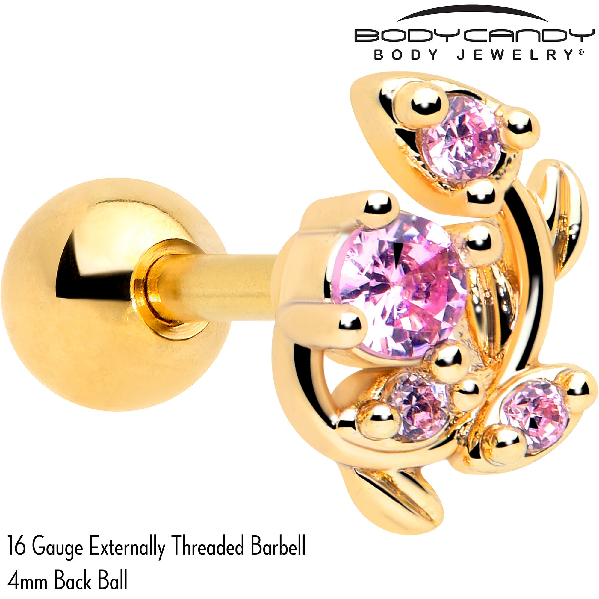 16 Gauge 1/4 Pink Gem Cartilage Tragus Earring Gold Tone Twining Vine