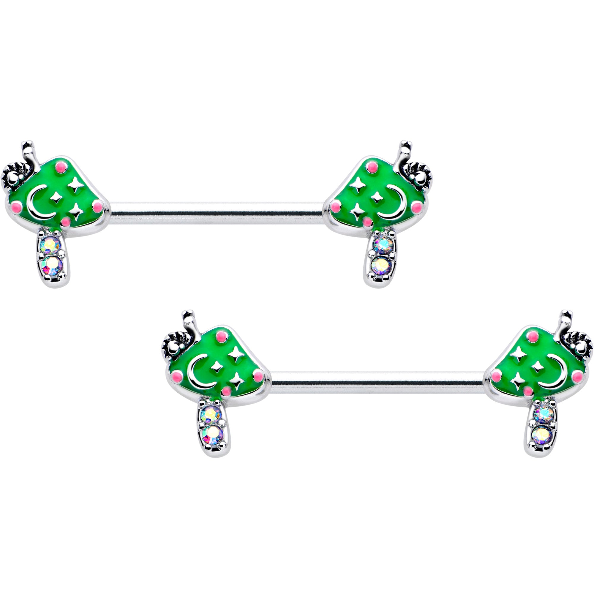 14 Gauge 9/16 Aurora Gem Green Mushroom Barbell Nipple Ring Set