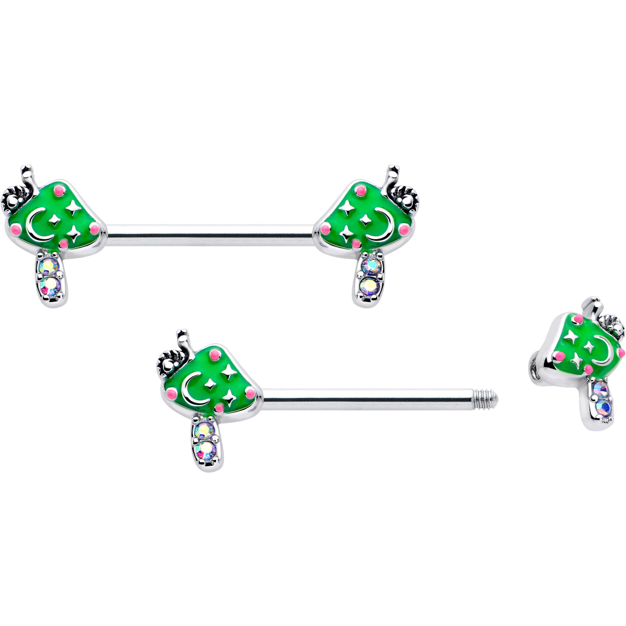 14 Gauge 9/16 Aurora Gem Mushroom Nipple Ring Set Green