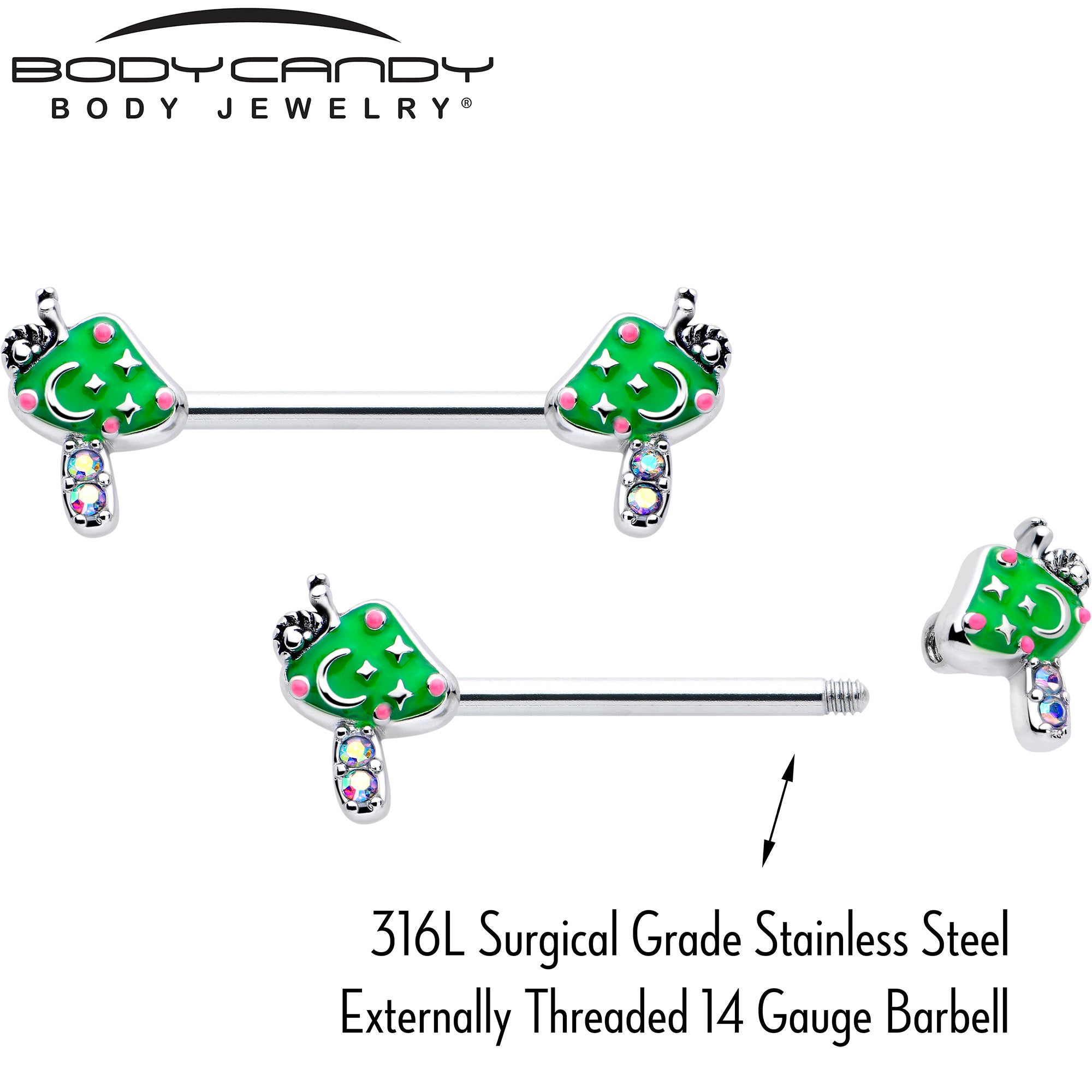 14 Gauge Aurora Gem Green Mushroom Barbell Nipple Rings 9/16