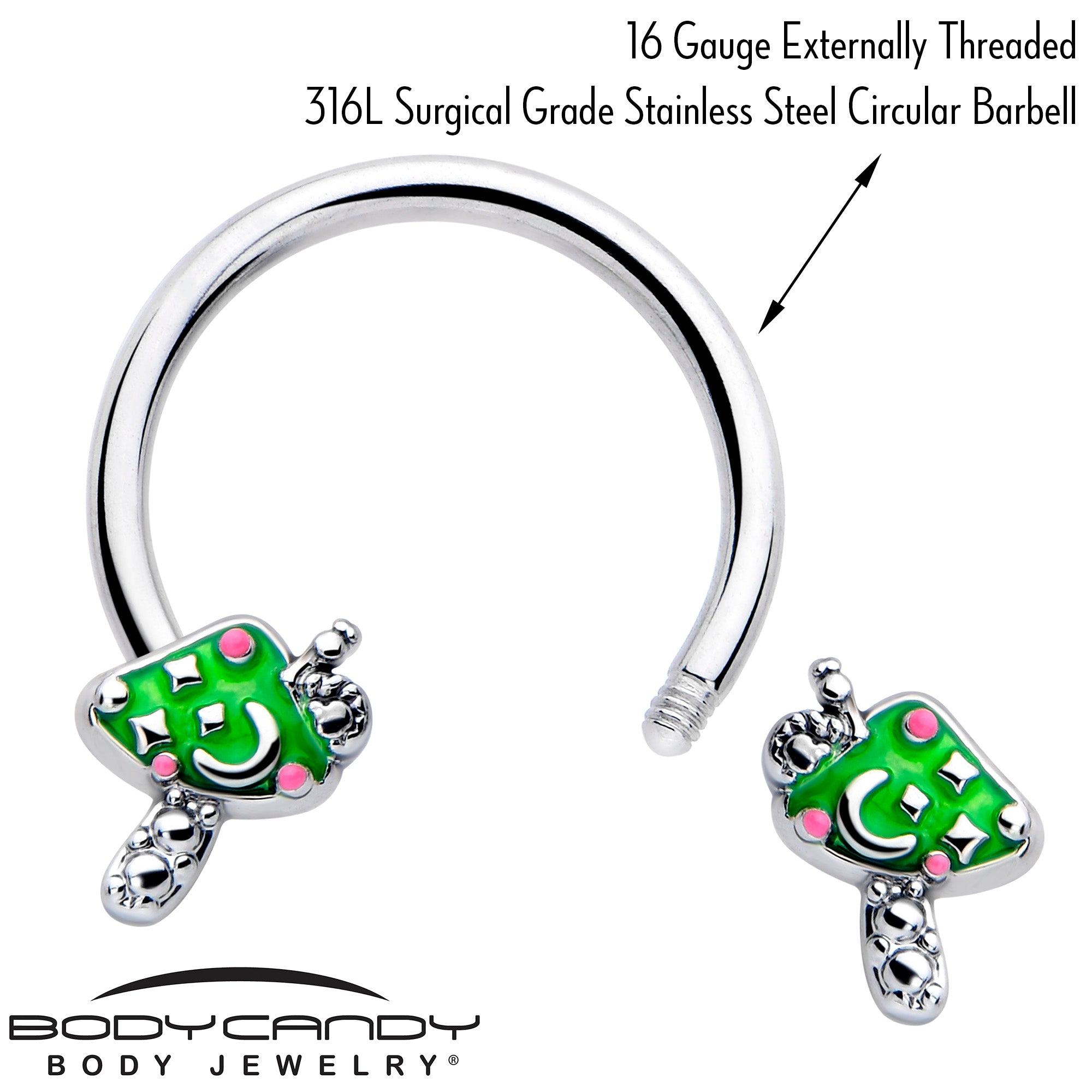 16 Gauge 3/8 Horseshoe Circular Barbell with Green Mushrooms