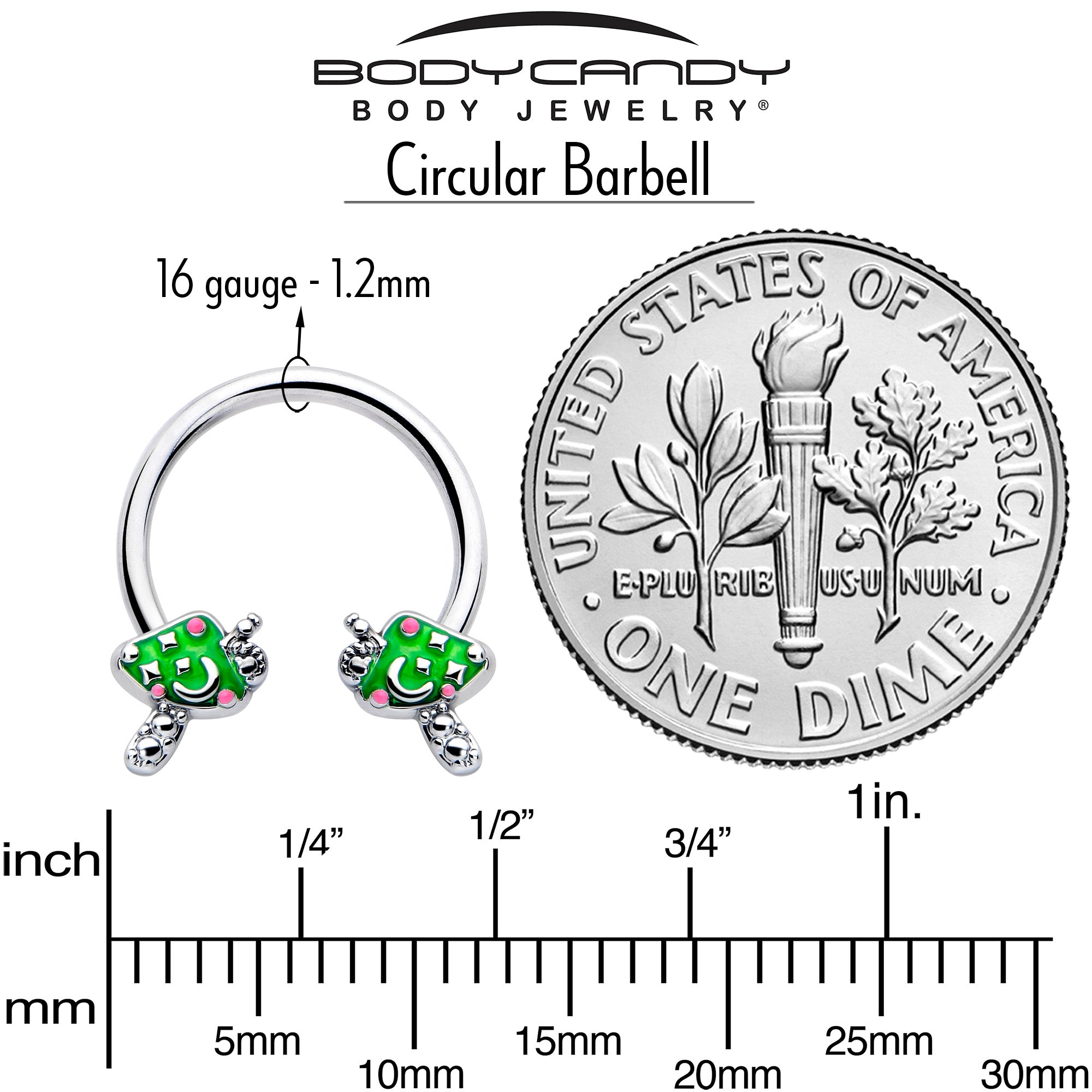 Fanciful Green Mushrooms 16 Gauge 3/8 Circular Barbell