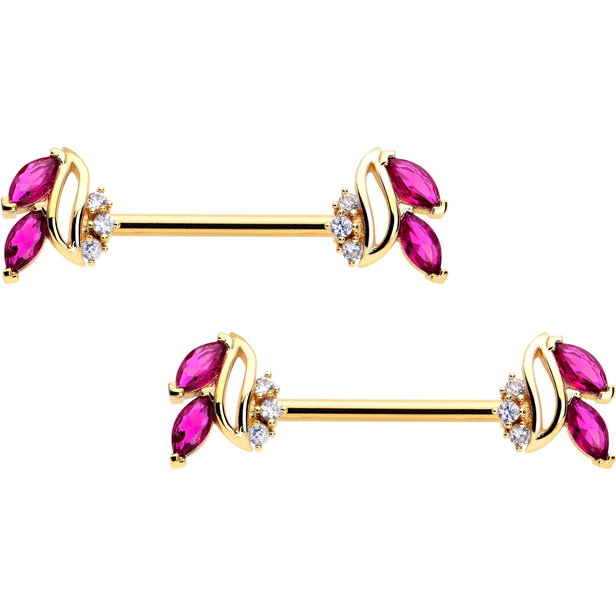 14 Gauge 9/16 Red CZ Gem Gold Tone Swirl Fan Barbell Nipple Ring Set